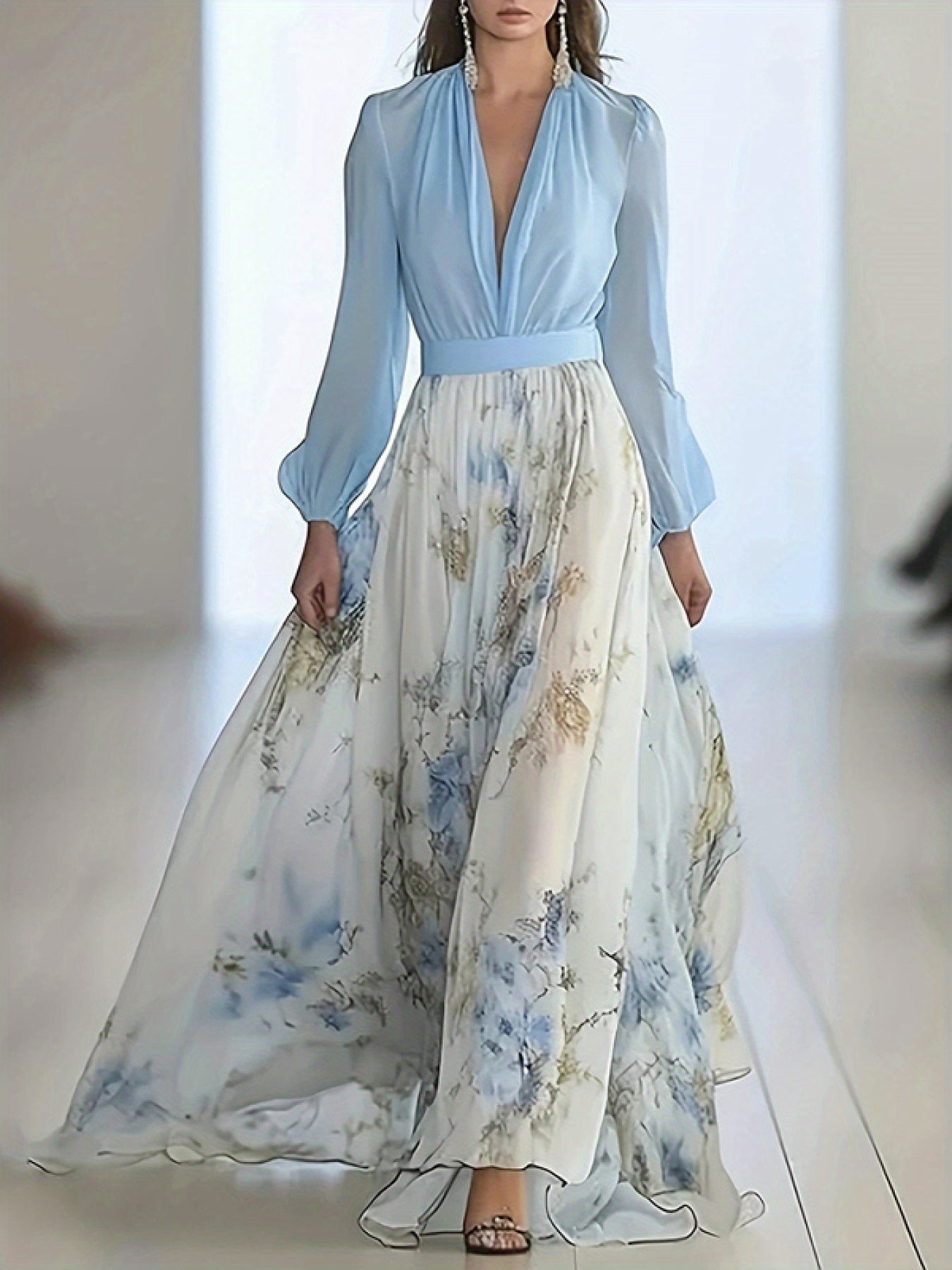 Women's Floral Maxi Dress - Elegant Boho Wedding, Party & Everyday dress in Soft Blue/White/Beige/Golden/, Lightweight Flowy Long Sleeve A-Line gown for Spring & Summer Outfits, Vacation Outfit, Fitted Waist Ruffles