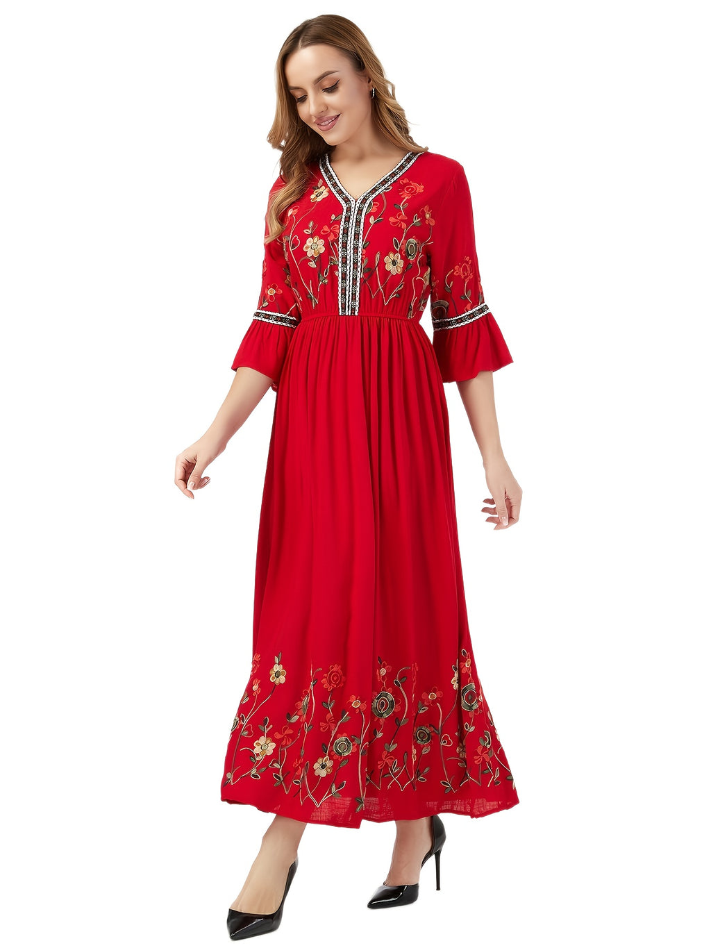 Elegant Green Embroidered Maxi Dress with V-Neck and Ruffle Sleeves - Floral Pattern, Long Length, Perfect for Adult Women, All-Season Wear, Floral Dress