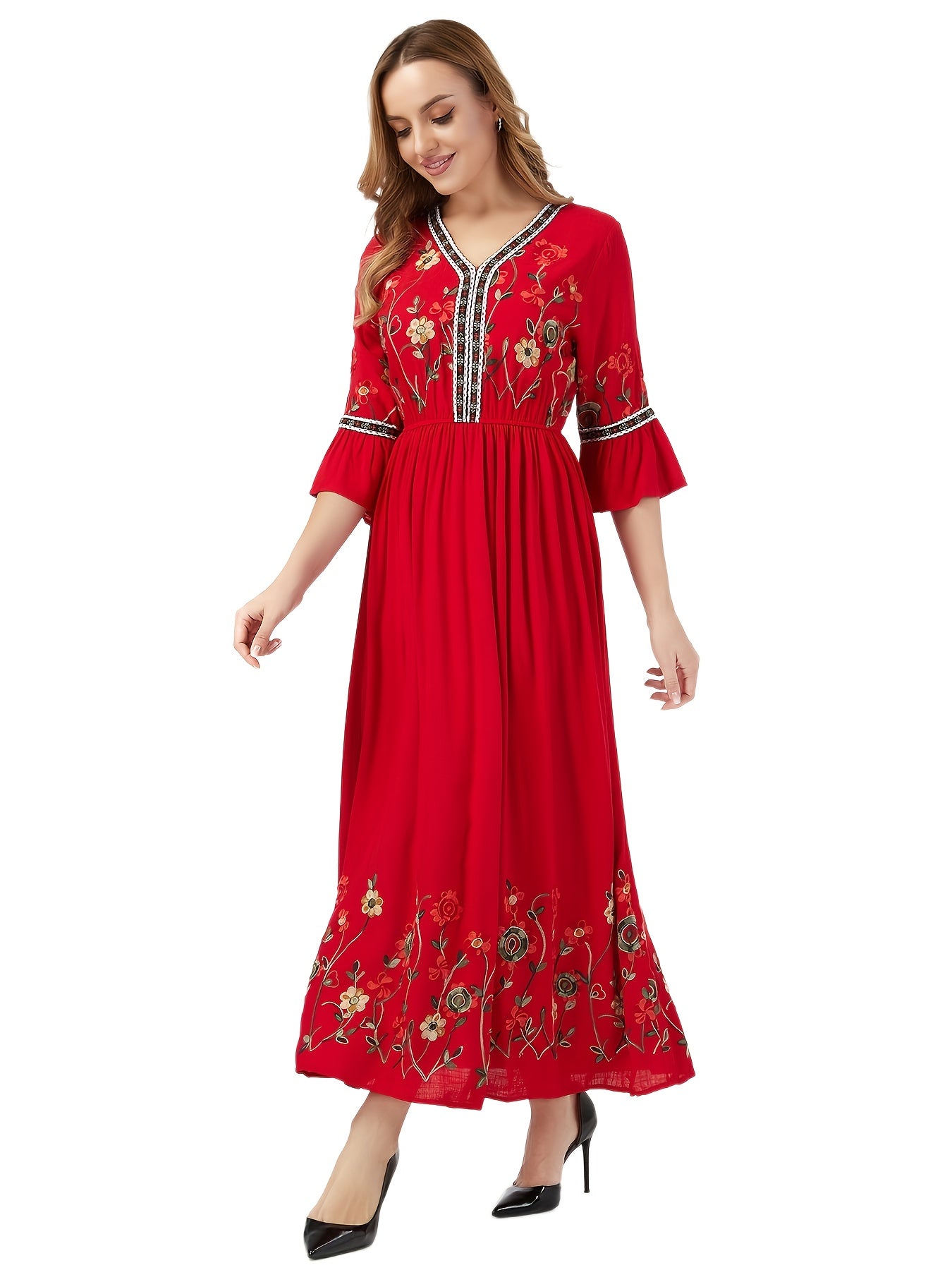 Elegant Green Embroidered Maxi Dress with V-Neck and Ruffle Sleeves - Floral Pattern, Long Length, Perfect for Adult Women, All-Season Wear, Floral Dress