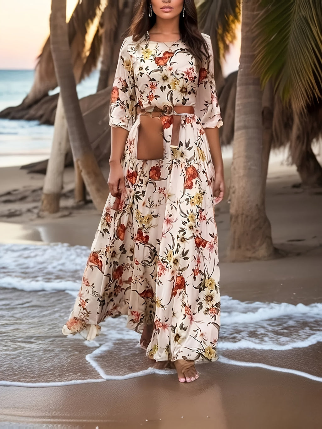Elegant Women's Floral Swing Maxi Dress - 3/4 Length Lantern Sleeve, Ruffle Detail, White, Casual, Spring Summer Holiday Vacation Dress