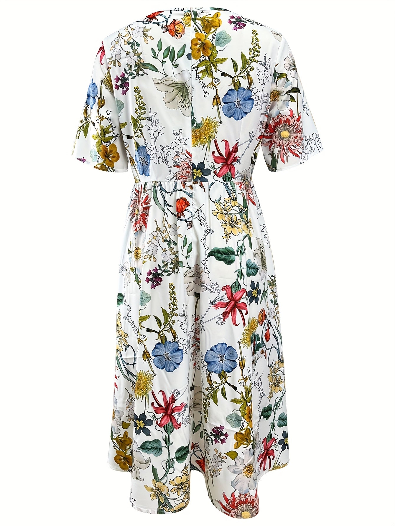 [Floral Tunic Dress] Lightweight Polyester Women's Floral Print Tunic Dress | Crew Neck, Geometric Pattern, Woven Fabric, 97% Polyester 3% Spandex Stretch, 120g/m², Spring/Summer Casual Wear
