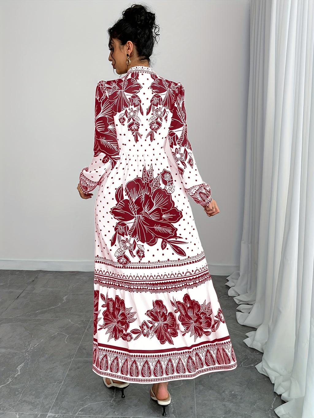 Directional Funding Development, Elegant Spring And Autumn Style from Europe And America, Small Stand-Up Collar with Button, Waist-Cinching, Lantern Long Sleeves, Floral Print, A-Line Long Shirt Dress.