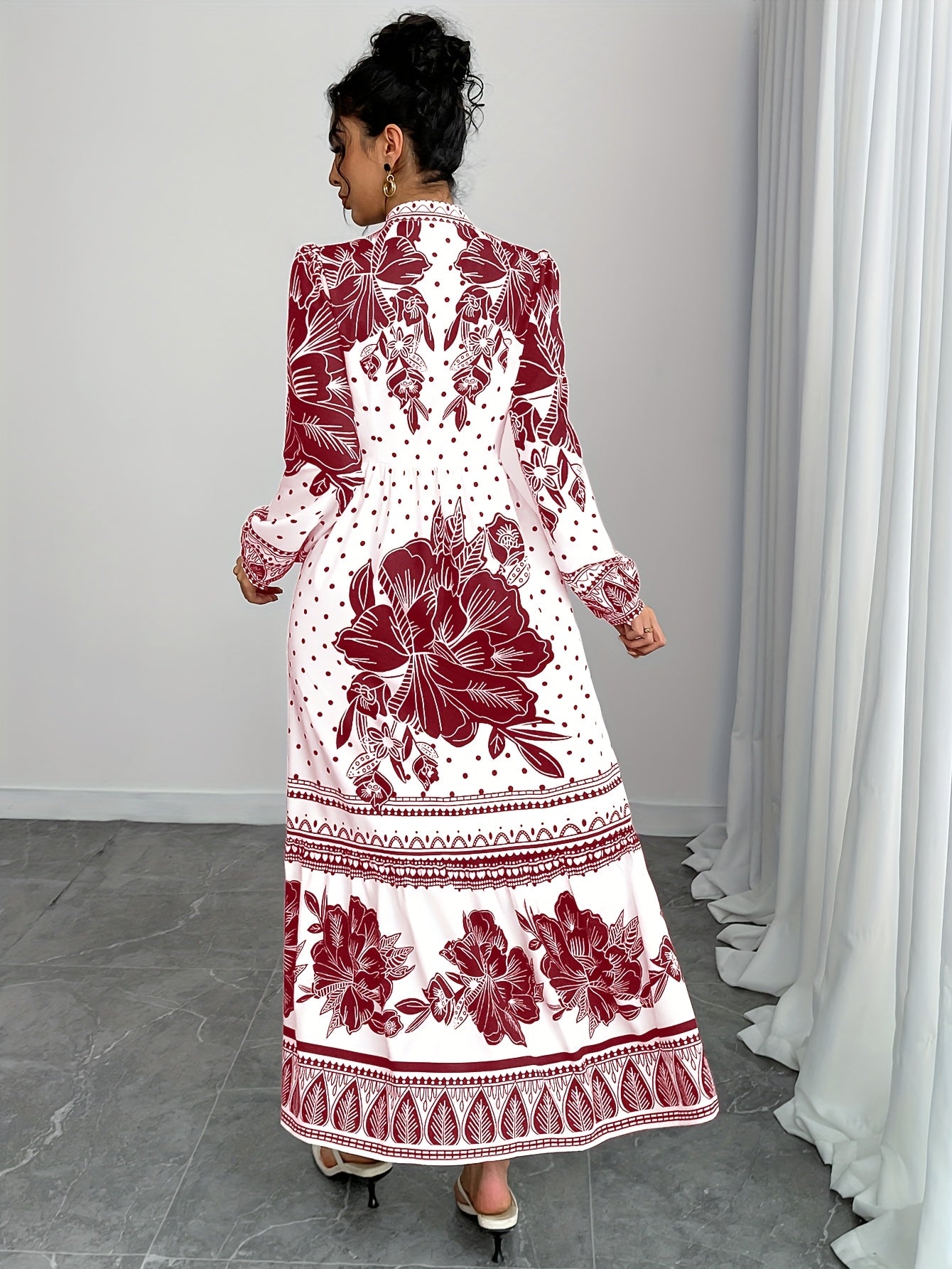 Directional Funding Development, Elegant Spring And Autumn Style from Europe And America, Small Stand-Up Collar with Button, Waist-Cinching, Lantern Long Sleeves, Floral Print, A-Line Long Shirt Dress.