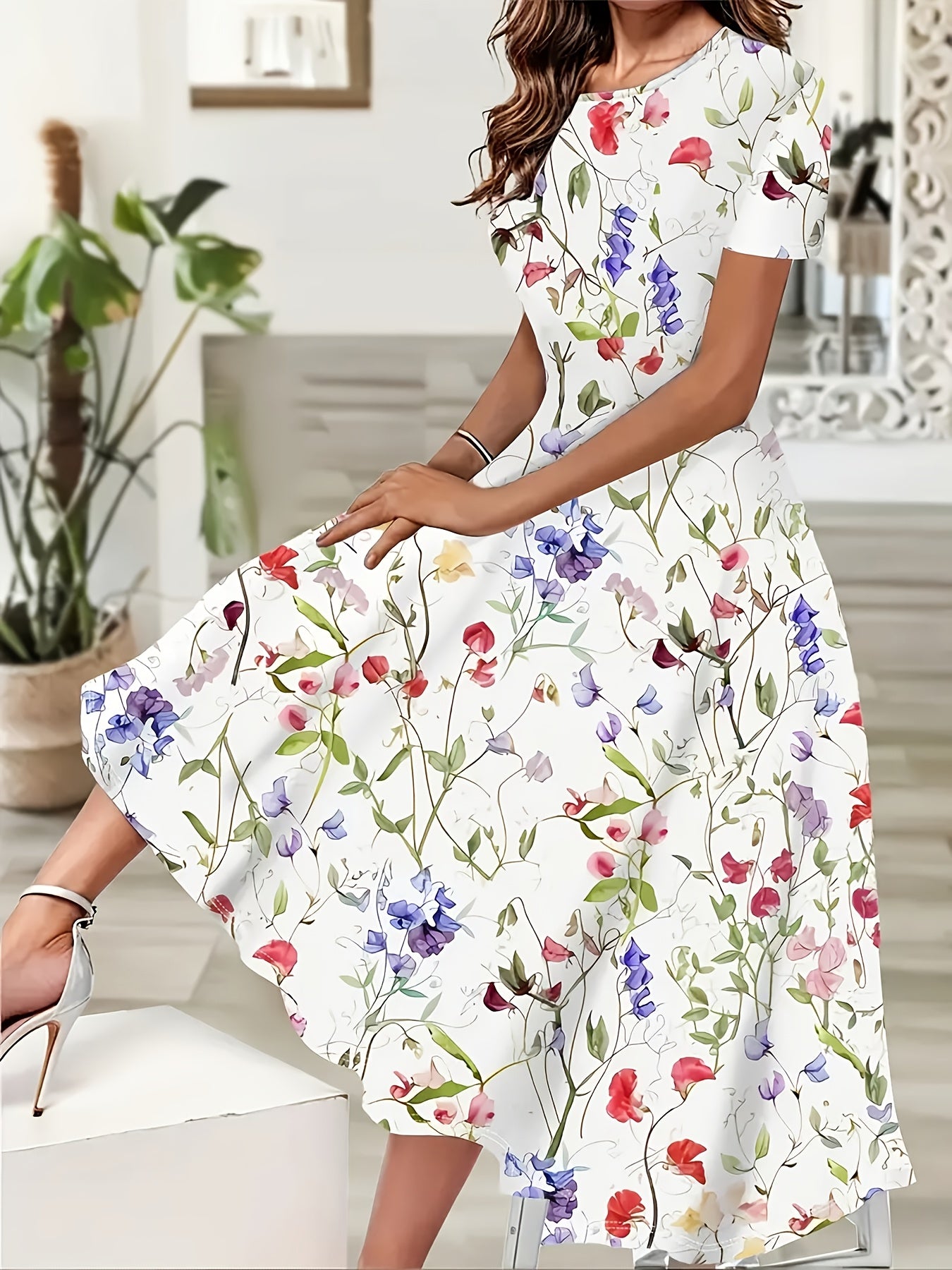Women'S Elegant Floral Print Dress - Sleeveless, A-Line, White with Colorful Flowers, Perfect for All Seasons, Casual to Formal Wear, Casual Dressing | Floral Print Dress | Sleeveless Dress