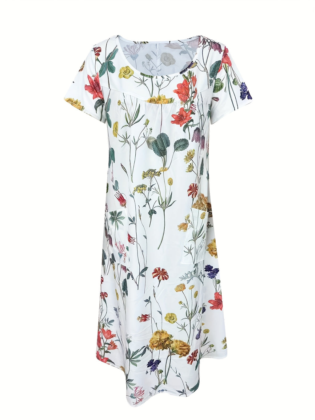 Women's Floral print A-Line dress - Non-Stretchy flared skirt, Orange/Blue/Green/White Floral pattern - Everyday & Formal Outfits - Machine Washable Women's Clothing, Vacation Outfit, Round Neckline, Breathable Material, Stylish Women