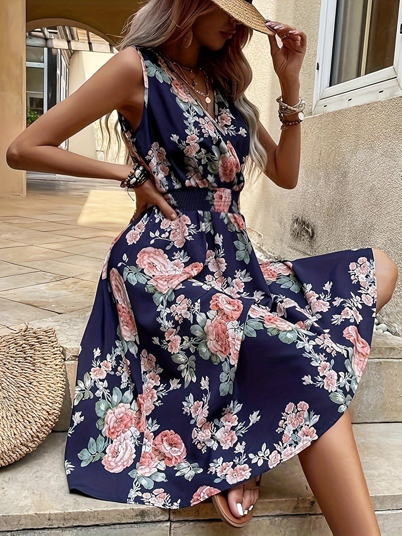 Women's Elegant Floral Print Midi Dress - V-Neck Sleeveless A-Line with Smocked Waist, Vibrant Red Flowers & Green Leaves, Machine Washable Spring Summer Casual & Semi-Formal Dress, Daytime Occasion Wear, Comfortable Fit, Feminine Style
