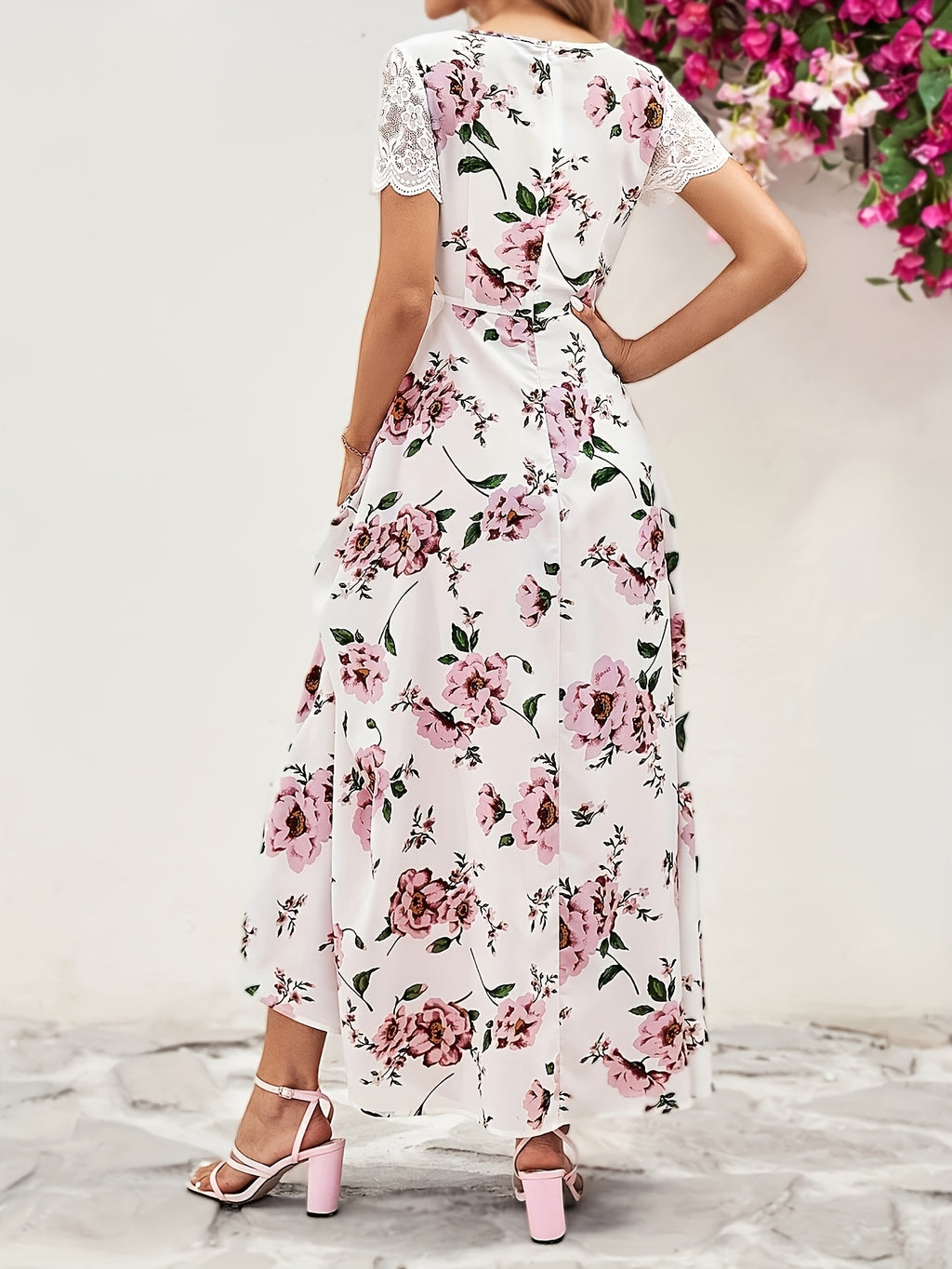 Elegant Floral Print V-Neck Midi Dress for Women - Short Sleeve, High-Low Hem, Split Front, Lightweight Polyester, Perfect for Spring/Summer/Fall, Casual Elegance Attire | Vneck Dress | Glossy Textur