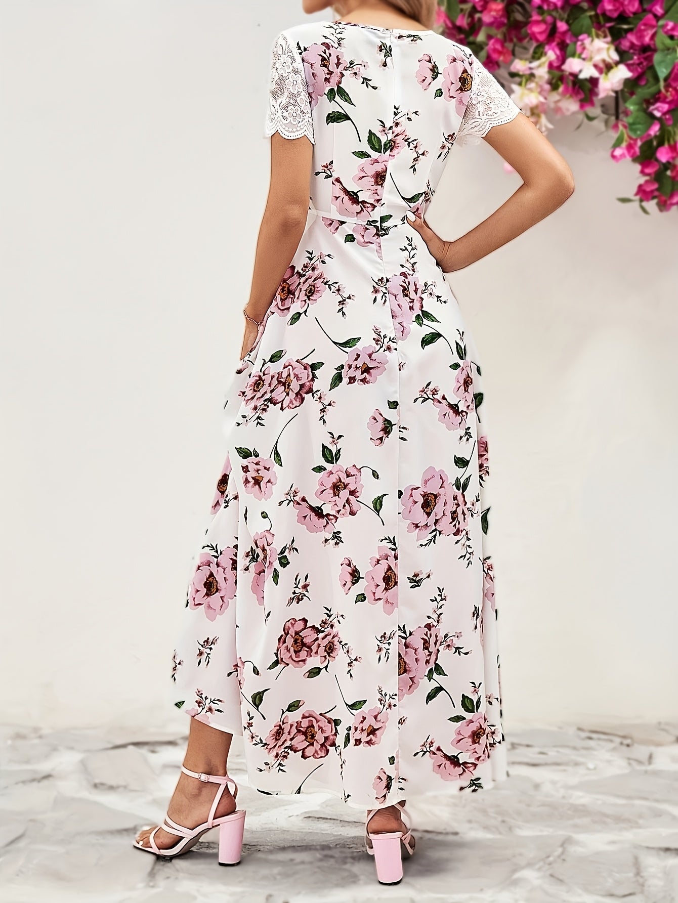 Elegant Floral Print V-Neck Midi Dress for Women - Short Sleeve, High-Low Hem, Split Front, Lightweight Polyester, Perfect for Spring/Summer/Fall, Casual Elegance Attire | Vneck Dress | Glossy Textur