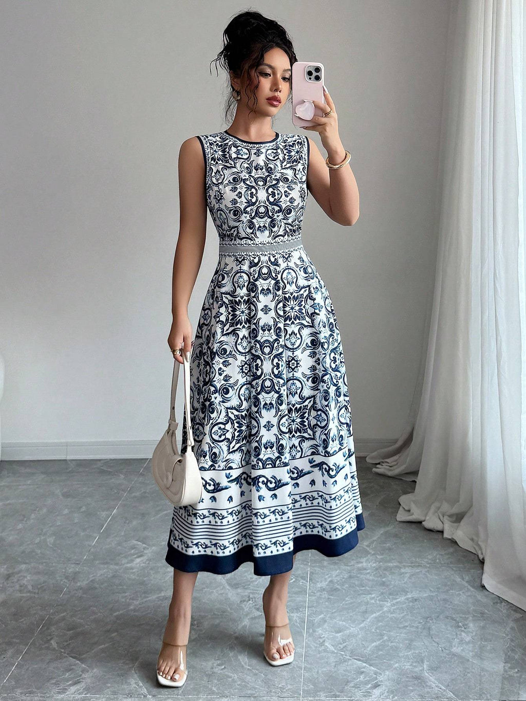 [Floral Print Midi Dress] Lightweight Polyester Floral Print Midi Dress for Women - Elegant Sleeveless, High-Low Hem, Round Neck, Perfect for Spring/Summer Vacations, Cute Dress