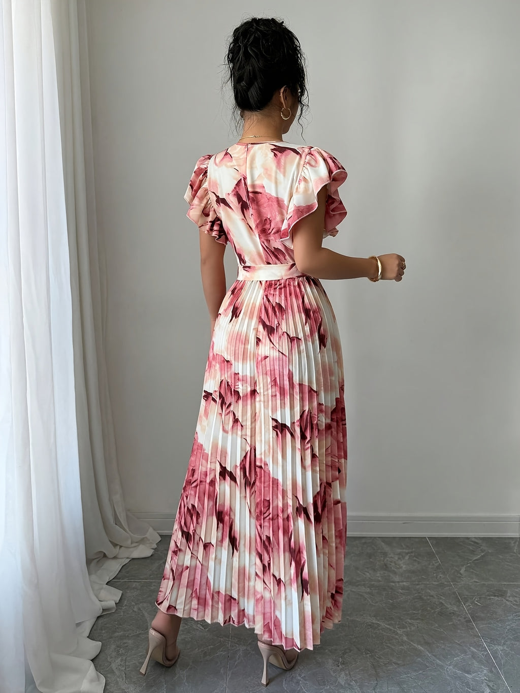 [Elegant Long Dress] Elegant Tie-Dye Floral Print Long Dress | Women's with Ruffle Hem, Pleated Design and Belt Detail, Perfect for Casual Daily Wear or Vacation