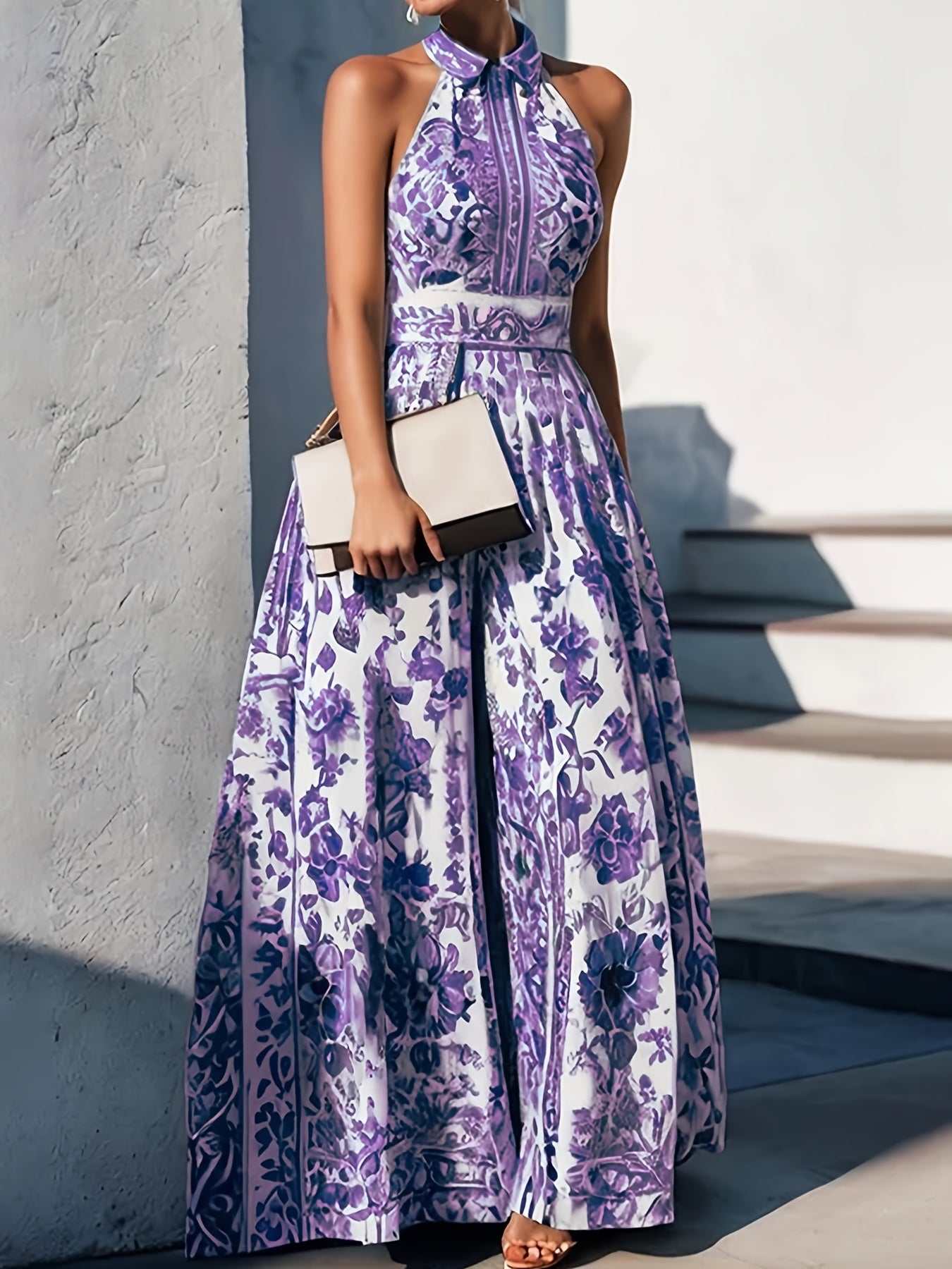 [French Maxi Dress] French-Inspired White Maxi Dress | Elegant Floral Print Halter Neck with Tie-Waist and A-Line Skirt | Polyester Fabric, Machine Washable, Cute Dress for Women with Pink and Purple Flowers