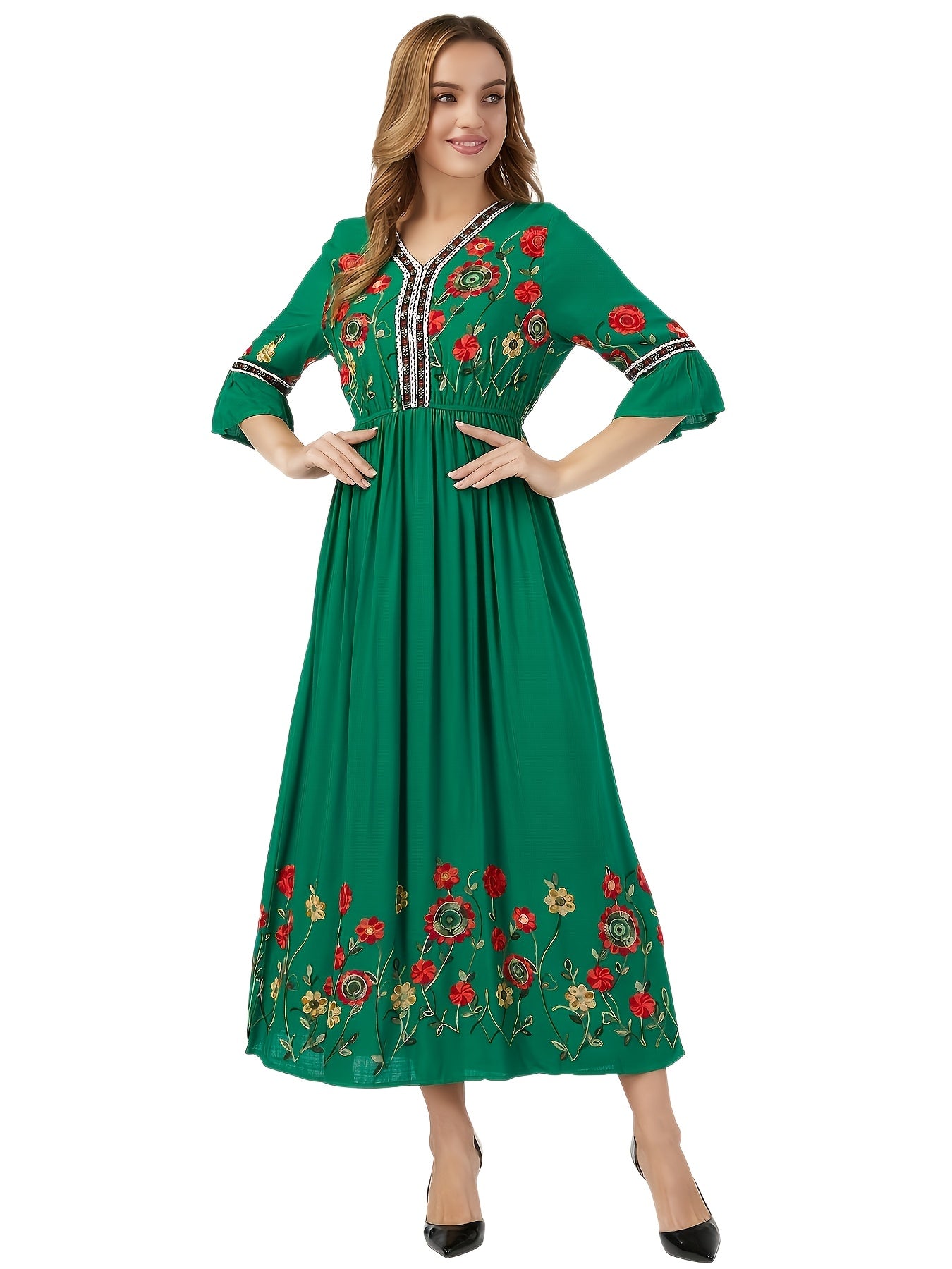 Elegant Green Embroidered Maxi Dress with V-Neck and Ruffle Sleeves - Floral Pattern, Long Length, Perfect for Adult Women, All-Season Wear, Floral Dress