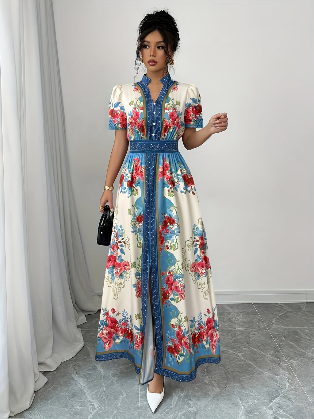 Women's Floral Print Elegant A-Line Dress with Stand-Up Collar & Puff Short Sleeves - Machine Washable Summer Long Dress with Side Slit, Regular Fit for Casual Formal Occasions, Cute Dresses