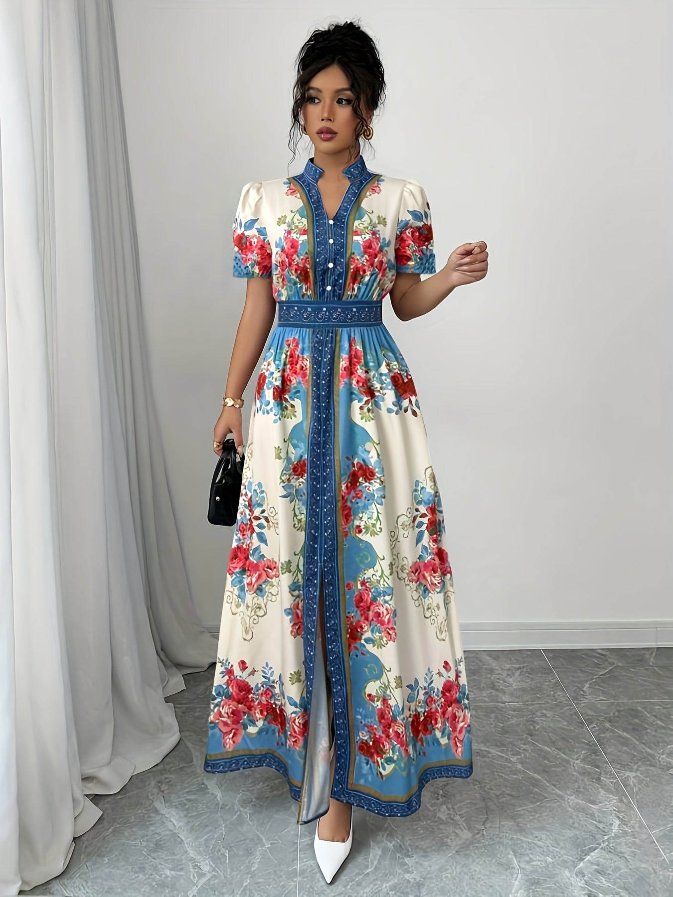 Women's Floral Print Elegant A-Line Dress with Stand-Up Collar & Puff Short Sleeves - Machine Washable Summer Long Dress with Side Slit, Regular Fit for Casual Formal Occasions, Cute Dresses