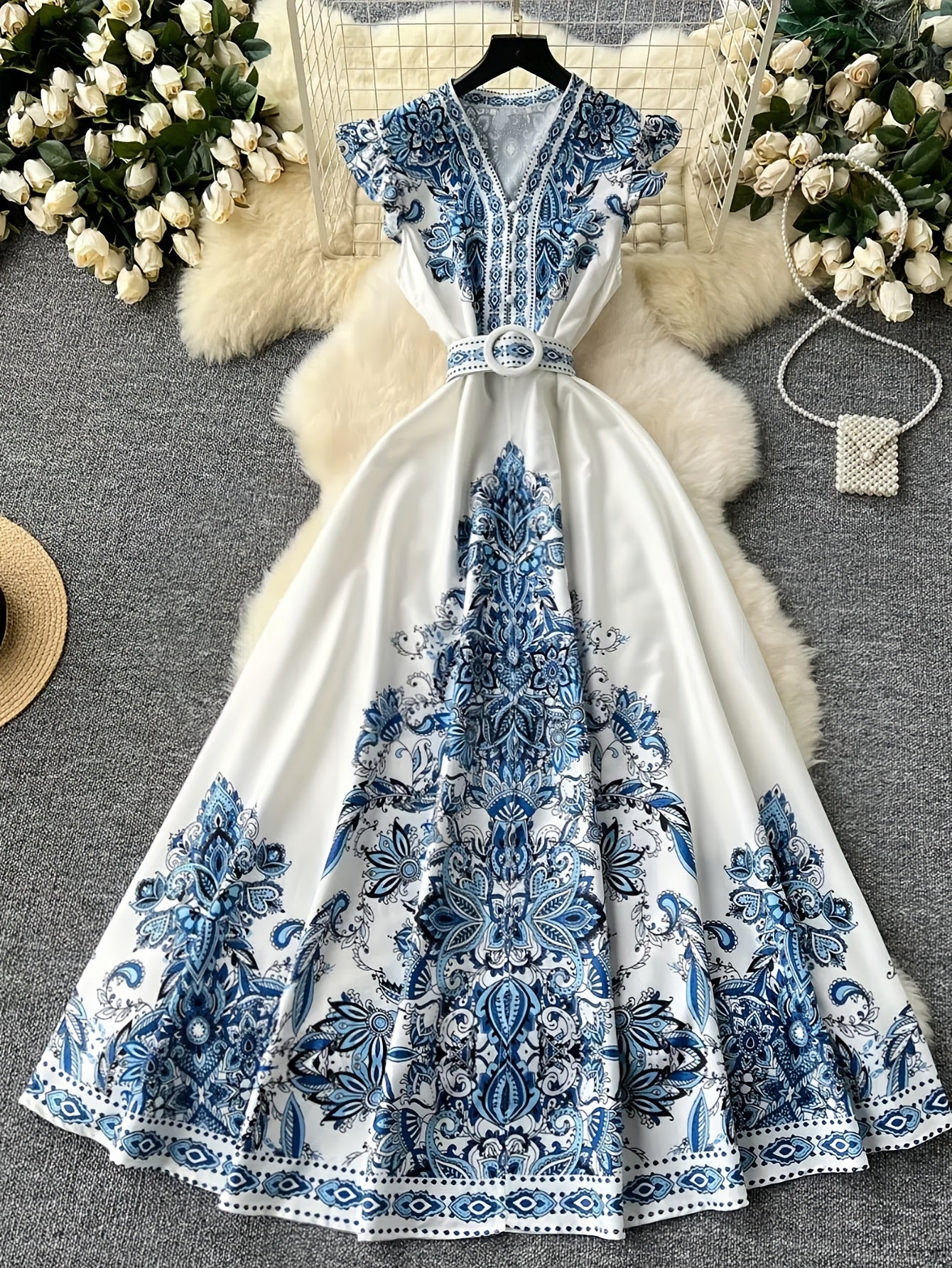 [Vintage Dress] Vintage Style Long Dress with V-Neck, Single-Breasted Closure | Printed, Decorative Details - Perfect for Adult, Summer Season, Casual Attire