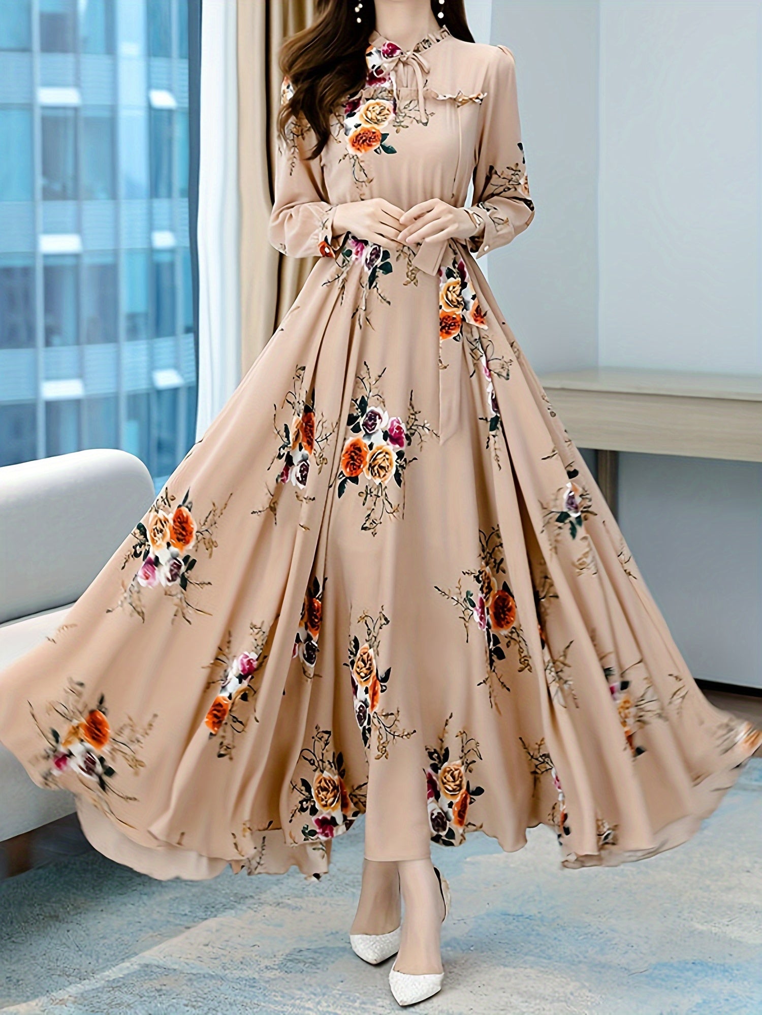 Women'S Floral Print V-Neck Long Sleeve A-Line Dress - Elegant Beige with Multicolor Flowers, Hand Wash Only, Spring/Fall Party & Formal Wear, Floral Print Dress, Autumn Event Gown, Sophisticated Texture