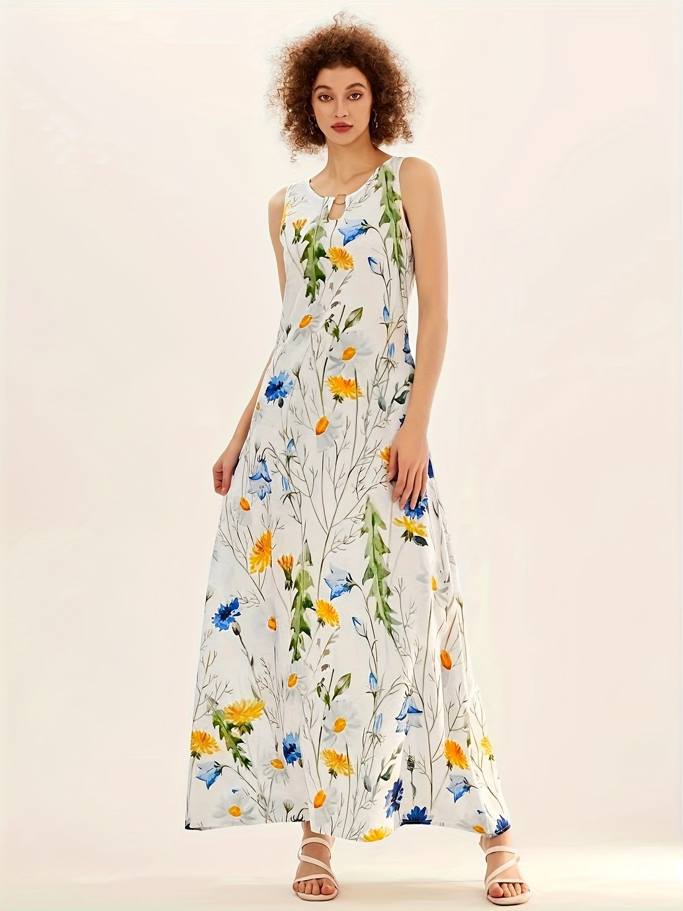 [Floral Dress] Vibrant Floral Print Women's A-Line Dress with Pockets | Sleeveless, Round Neck, Breathable Material, All-Season Casual to Formal Long Dress - Dry Clean Only, Blue Yellow Floral Pattern on White