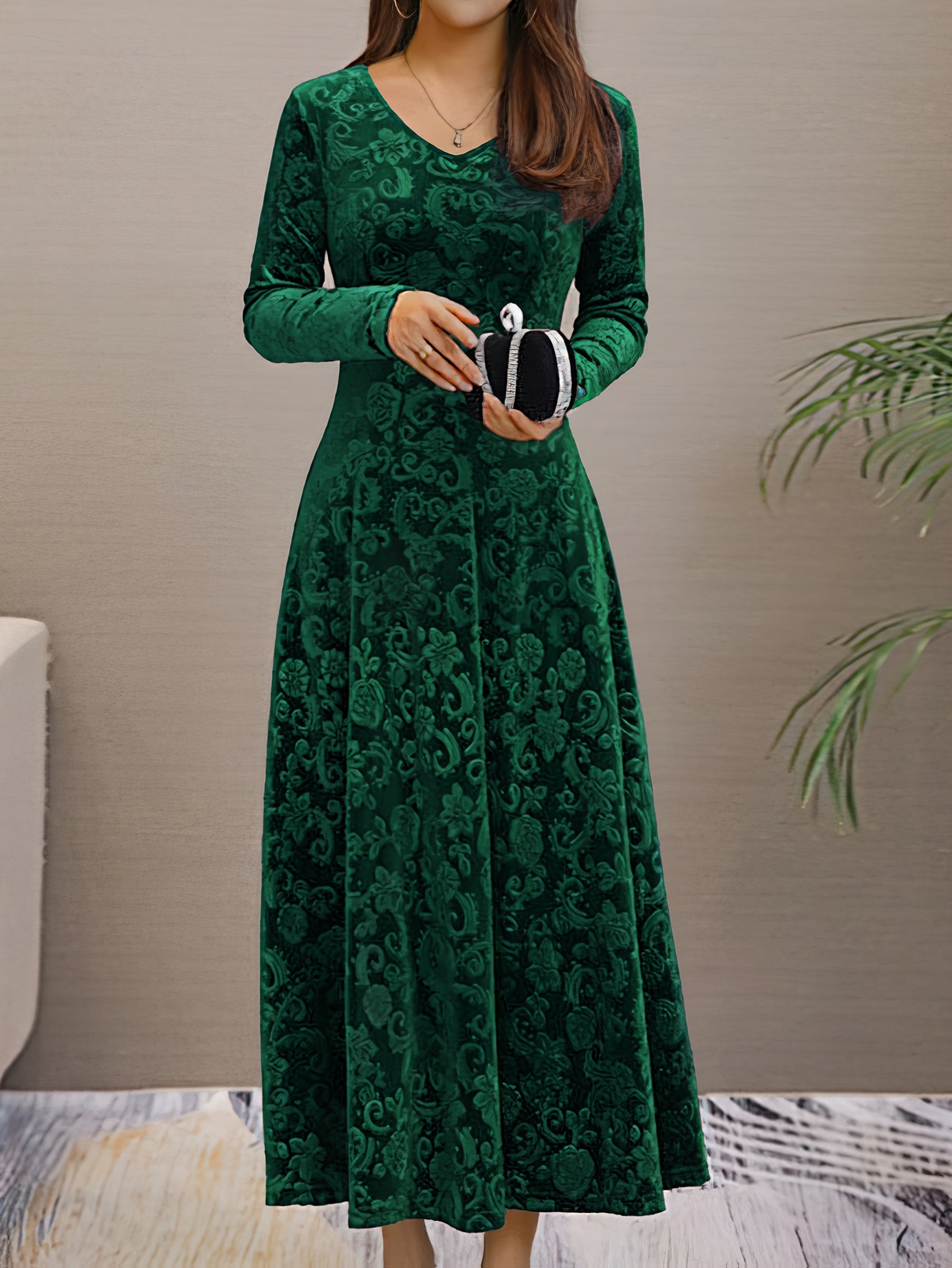 New Slim Fit And Dress With A Large Swing, Women'S Golden Velvet Long Sleeved Dress, Long Style