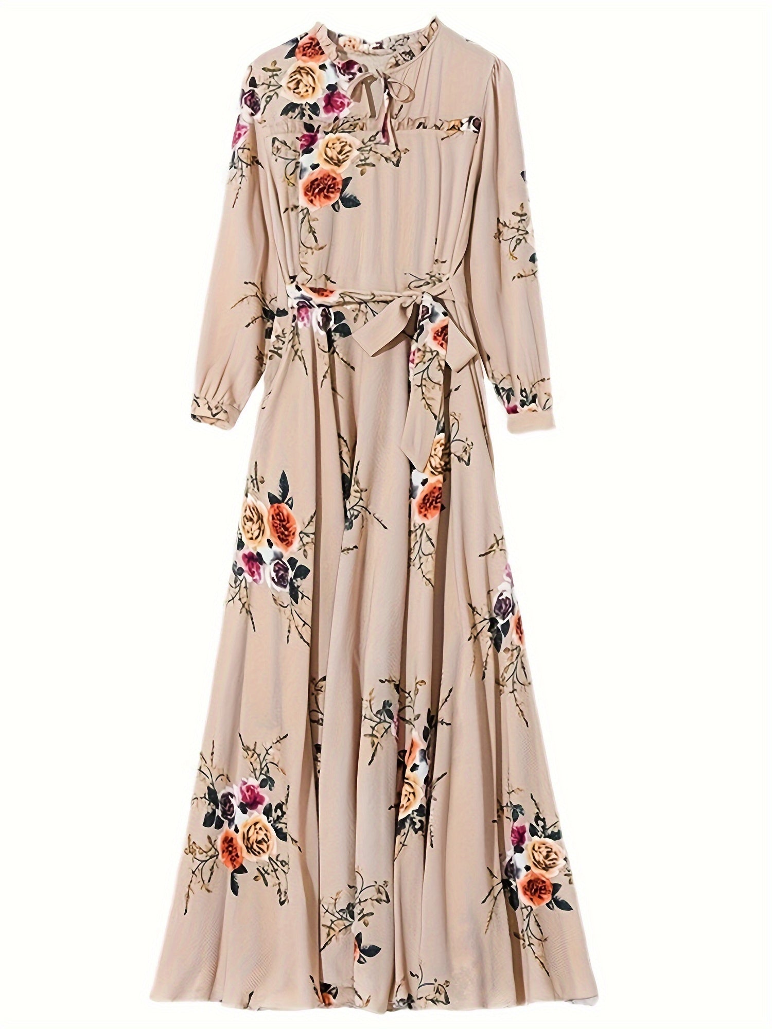 Women'S Floral Print V-Neck Long Sleeve A-Line Dress - Elegant Beige with Multicolor Flowers, Hand Wash Only, Spring/Fall Party & Formal Wear, Floral Print Dress, Autumn Event Gown, Sophisticated Texture