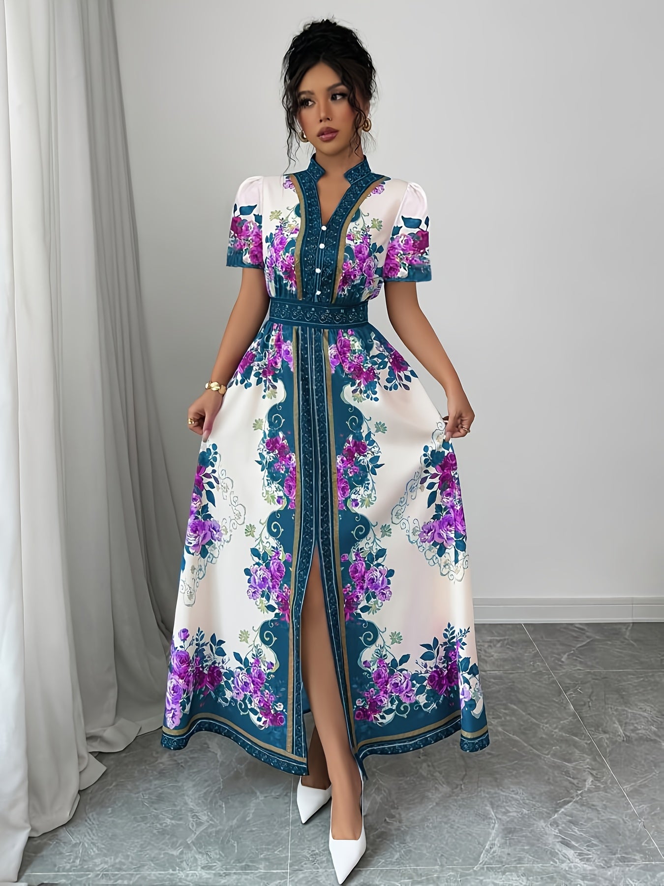 [Elegant Dress] Elegant Floral Print Women's A-Line Dress | Long Length, Machine Washable, Summer Casual & Formal Wear, Nonsheer Fabric, Breathable Material, Feminine Style