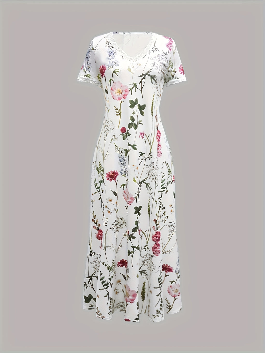[Cute Summer Dress] Lightweight Breathable Floral Print Women's A-Line Dress | V-Neck Casual Summer Dress with Lace Trim - Machine Washable for Vacation, Brunch & Beach Outings