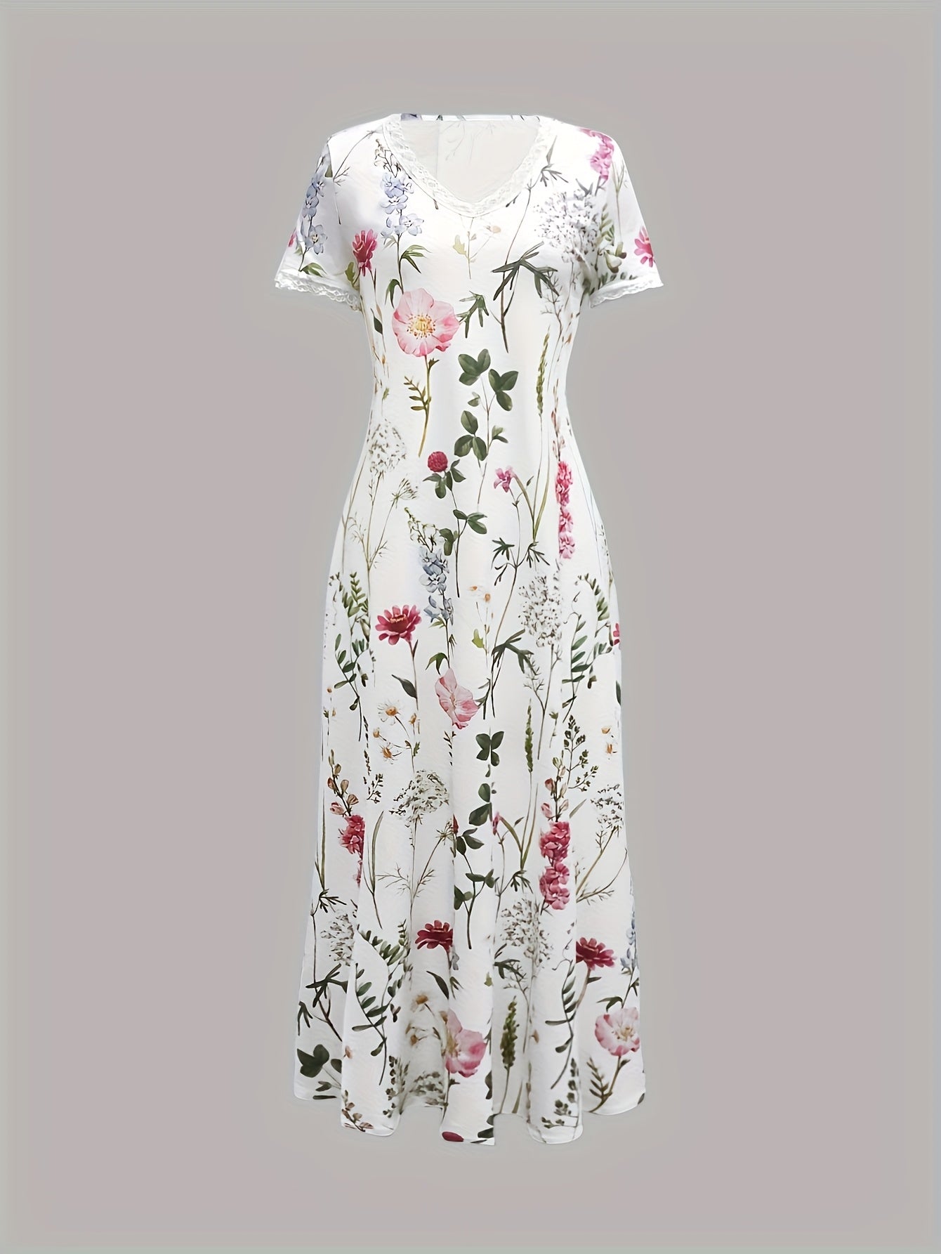 [Cute Summer Dress] Lightweight Breathable Floral Print Women's A-Line Dress | V-Neck Casual Summer Dress with Lace Trim - Machine Washable for Vacation, Brunch & Beach Outings