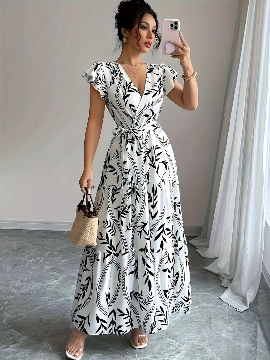 [Elegant Maxi Dress] Lightweight Polyester Elegant Summer Floral Print V-Neck Maxi Dress with Belt | Flowy A-Line Skirt, Short Sleeves, Perfect for Vacation or Casual Outings