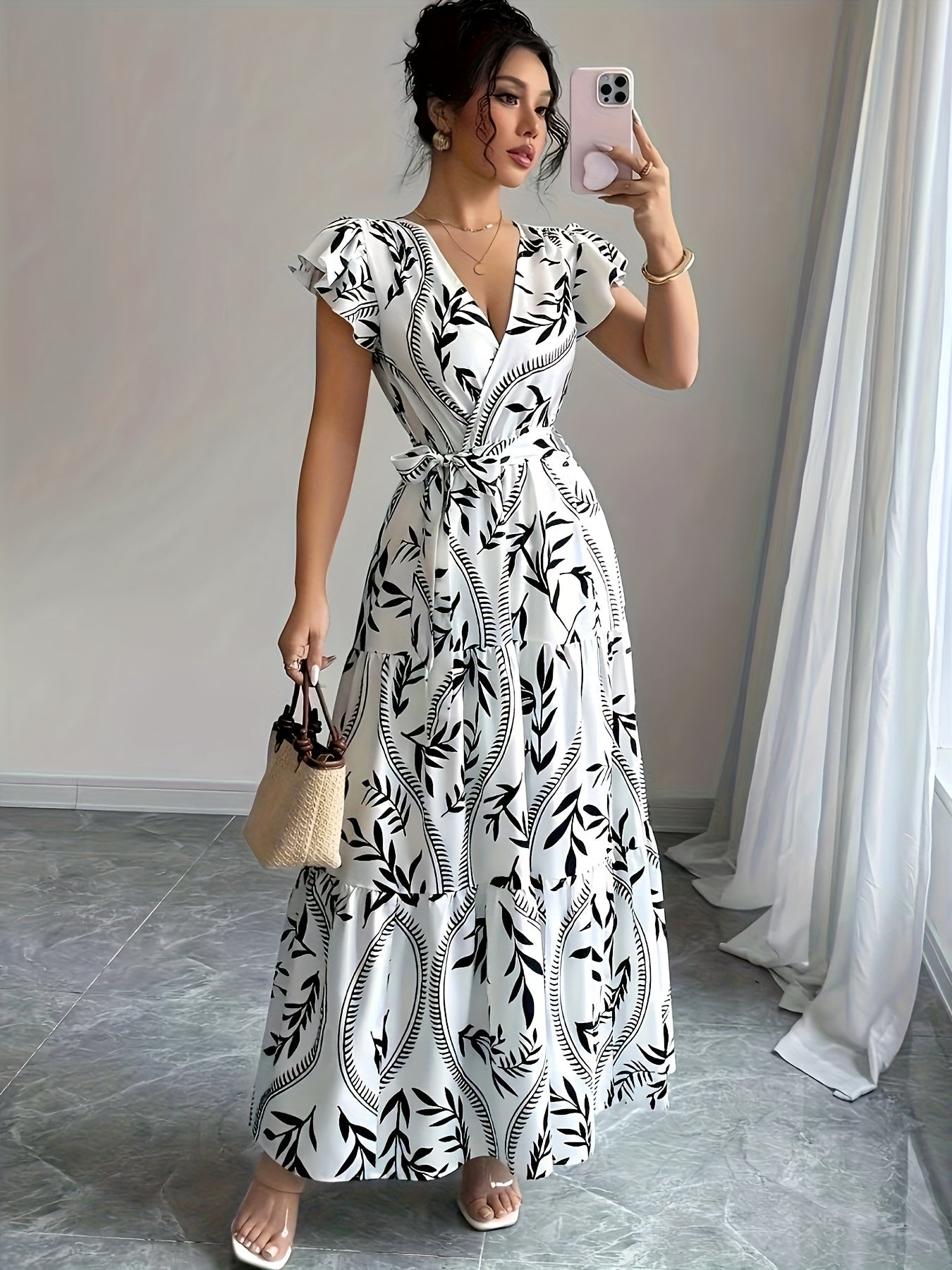 [Elegant Maxi Dress] Lightweight Polyester Elegant Summer Floral Print V-Neck Maxi Dress with Belt | Flowy A-Line Skirt, Short Sleeves, Perfect for Vacation or Casual Outings