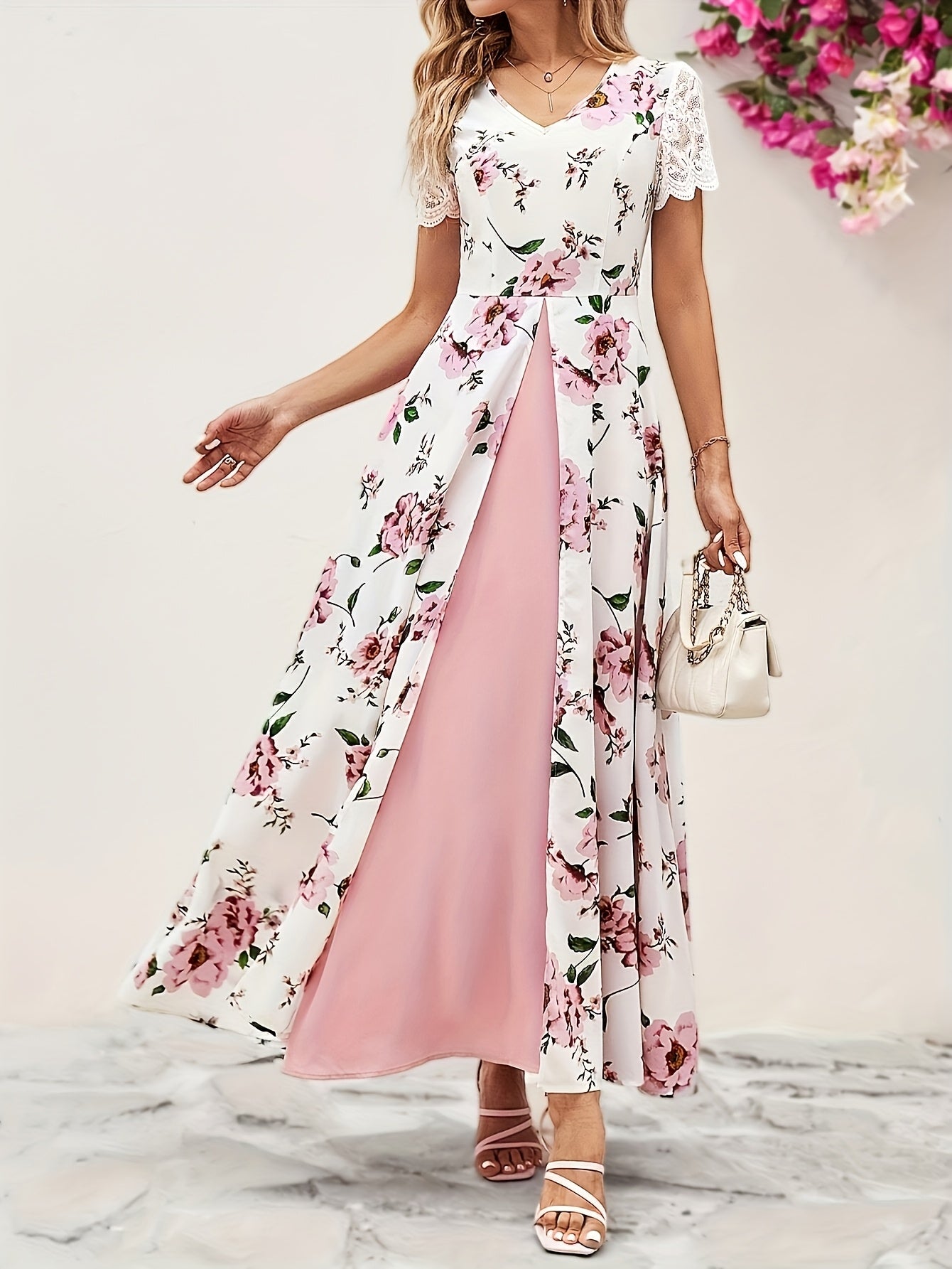 Elegant Floral Print V-Neck Midi Dress for Women - Short Sleeve, High-Low Hem, Split Front, Lightweight Polyester, Perfect for Spring/Summer/Fall, Casual Elegance Attire | Vneck Dress | Glossy Textur