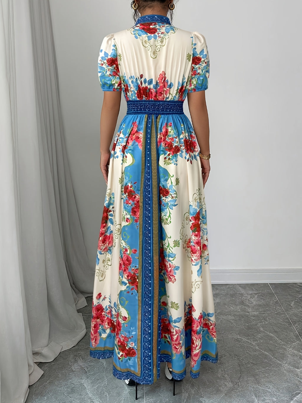 DJ0416074 Spring and Summer Floral Print Button-Decorated Elegant Dress