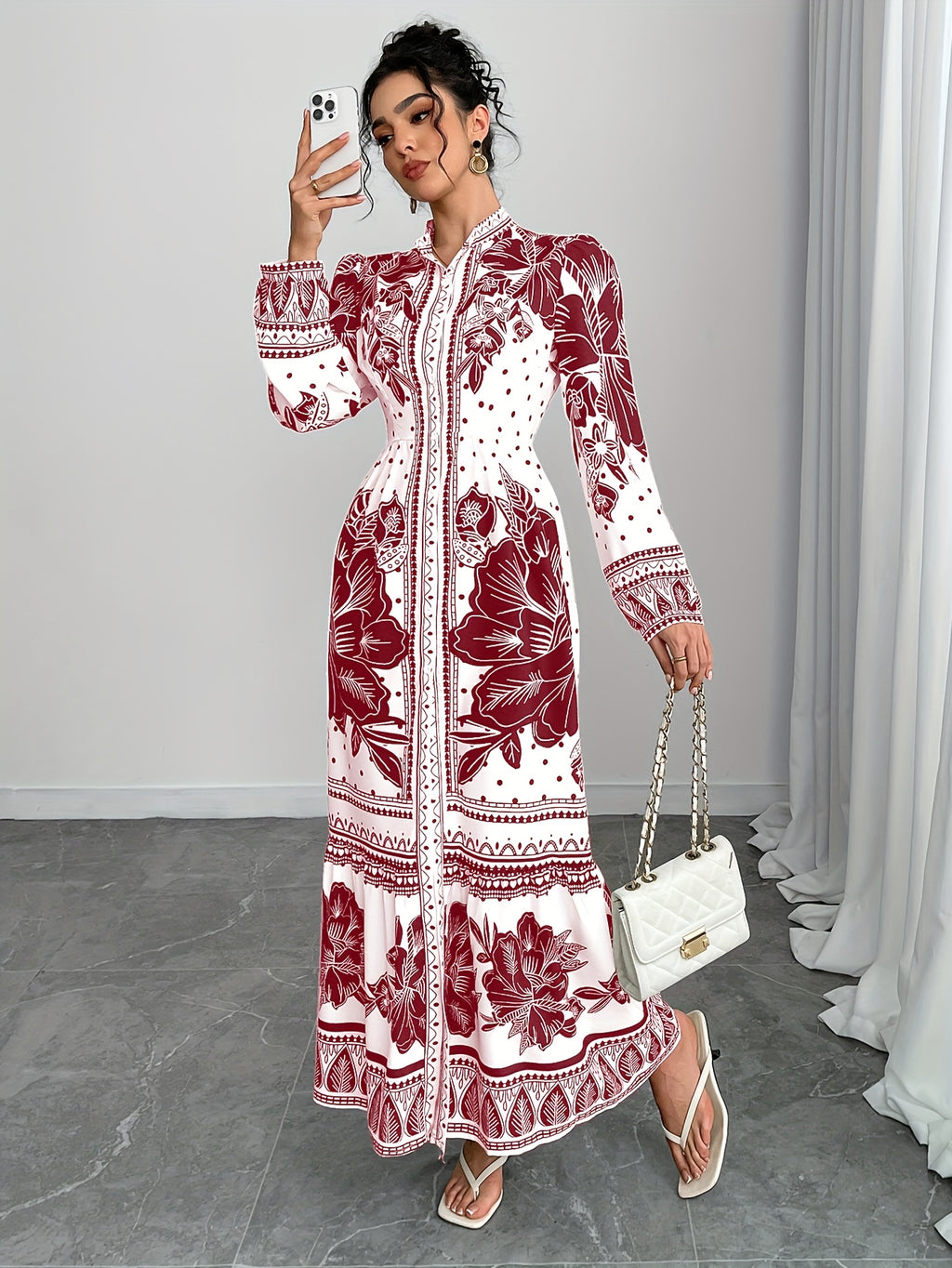Directional Funding Development, Elegant Spring And Autumn Style from Europe And America, Small Stand-Up Collar with Button, Waist-Cinching, Lantern Long Sleeves, Floral Print, A-Line Long Shirt Dress.