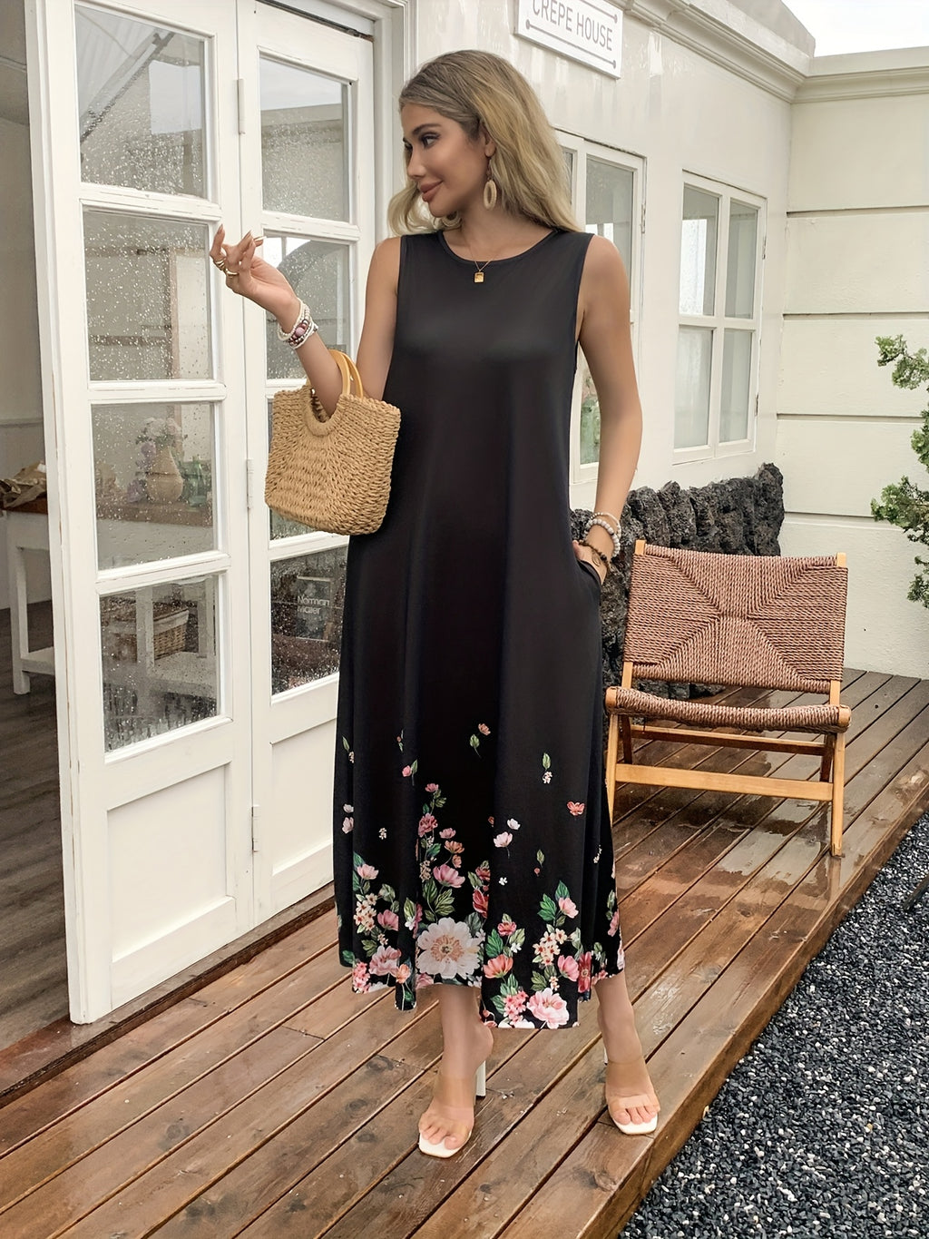 Women's New Digital Printing Holiday Leisure Elegant Business Commuter Evening Dresses Holiday Gift Pocket Suspender Dress