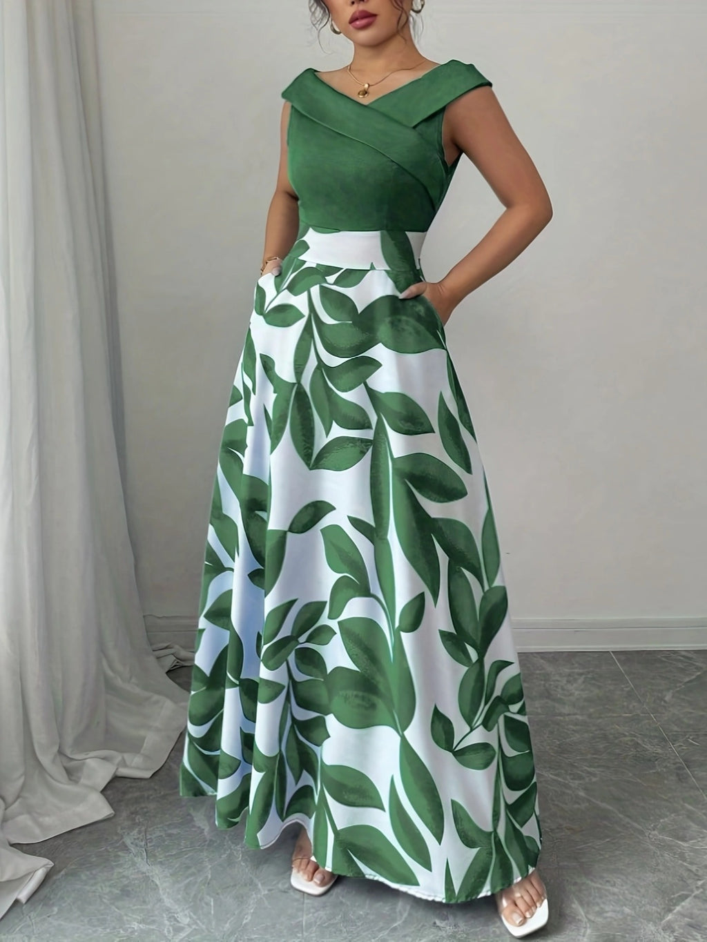 Elegant V-Neck Floral Print A-Line Maxi Dress with Pockets - Green Leaf Pattern, Short Sleeve, Cinched Waist, Flowy Skirt, Perfect for Summer, Casual to Formal Wear, Casual Summer Dress | Vneck Dress | Cinched Waist Design