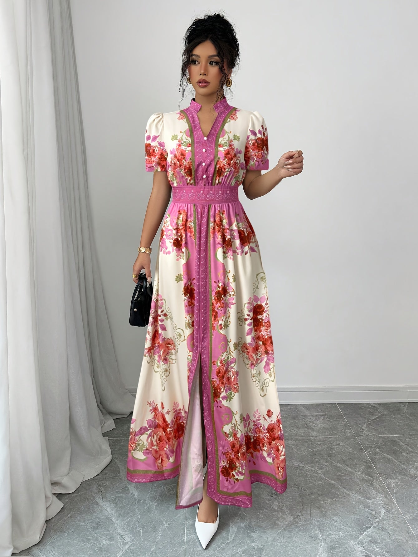 Women's Floral Print Elegant A-Line Dress with Stand-Up Collar & Puff Short Sleeves - Machine Washable Summer Long Dress with Side Slit, Regular Fit for Casual Formal Occasions, Cute Dresses