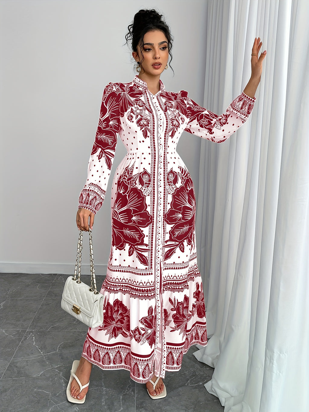 Directional Funding Development, Elegant Spring And Autumn Style from Europe And America, Small Stand-Up Collar with Button, Waist-Cinching, Lantern Long Sleeves, Floral Print, A-Line Long Shirt Dress.