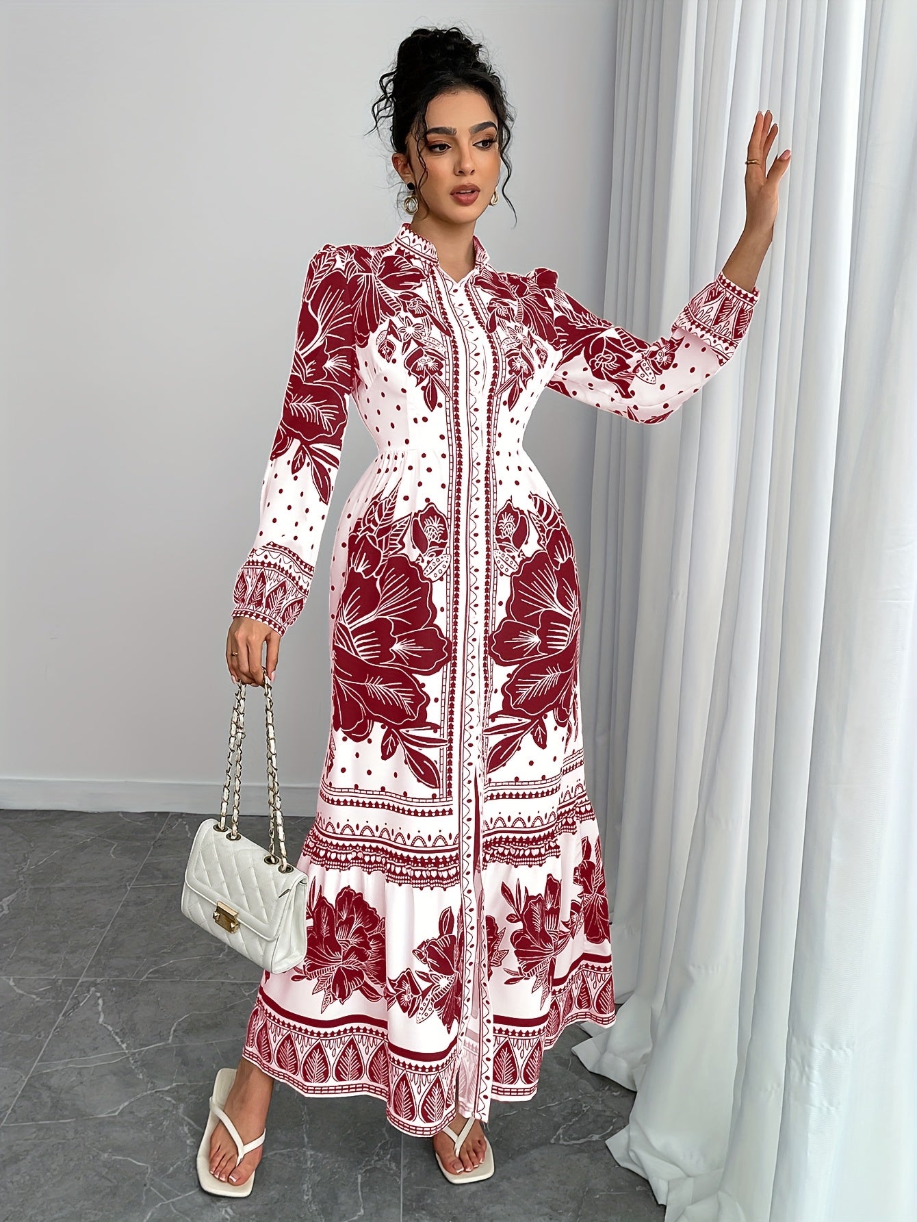 Directional Funding Development, Elegant Spring And Autumn Style from Europe And America, Small Stand-Up Collar with Button, Waist-Cinching, Lantern Long Sleeves, Floral Print, A-Line Long Shirt Dress.