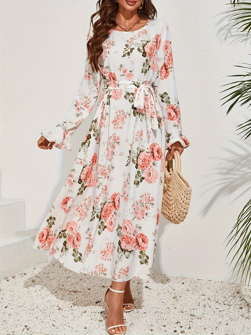 8843 Women's Elegant Bell Sleeve Floral Print A-Line Dress - Long Sleeve Round Neck Machine Washable All-Season Casual & Formal Wear, Versatile Fashion, Ruffled Skirt Style, Flowy Fabric Gown