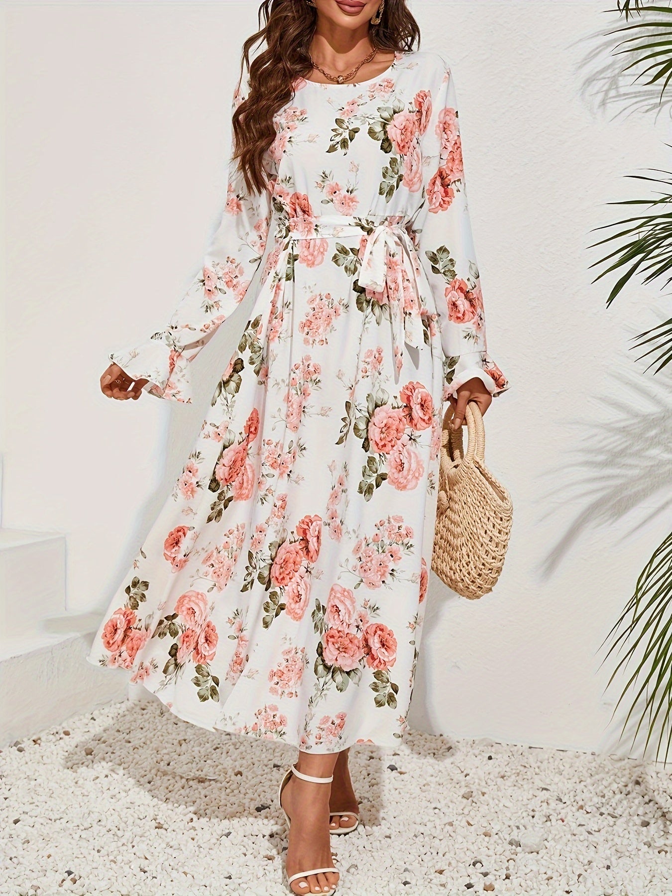 8843 Women's Elegant Bell Sleeve Floral Print A-Line Dress - Long Sleeve Round Neck Machine Washable All-Season Casual & Formal Wear, Versatile Fashion, Ruffled Skirt Style, Flowy Fabric Gown