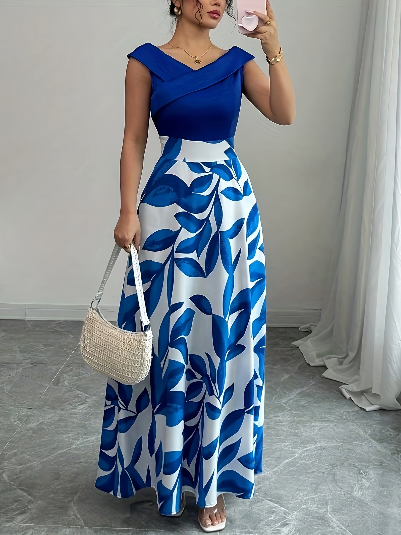 Elegant V-Neck Floral Print A-Line Maxi Dress with Pockets - Green Leaf Pattern, Short Sleeve, Cinched Waist, Flowy Skirt, Perfect for Summer, Casual to Formal Wear, Casual Summer Dress | Vneck Dress | Cinched Waist Design