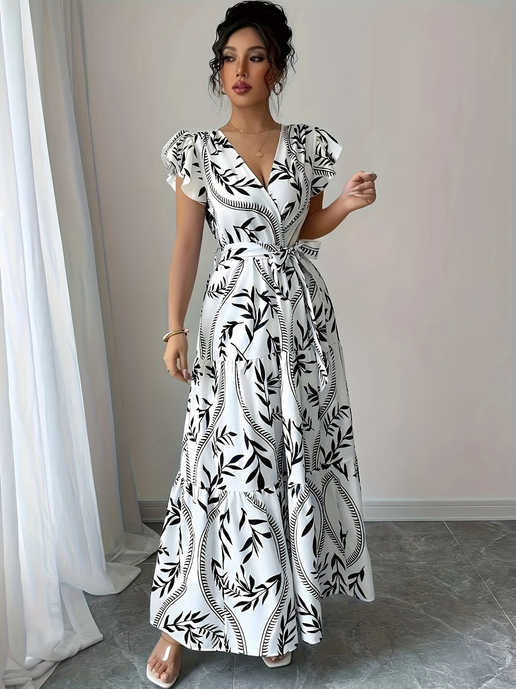 [Elegant Maxi Dress] Lightweight Polyester Elegant Summer Floral Print V-Neck Maxi Dress with Belt | Flowy A-Line Skirt, Short Sleeves, Perfect for Vacation or Casual Outings
