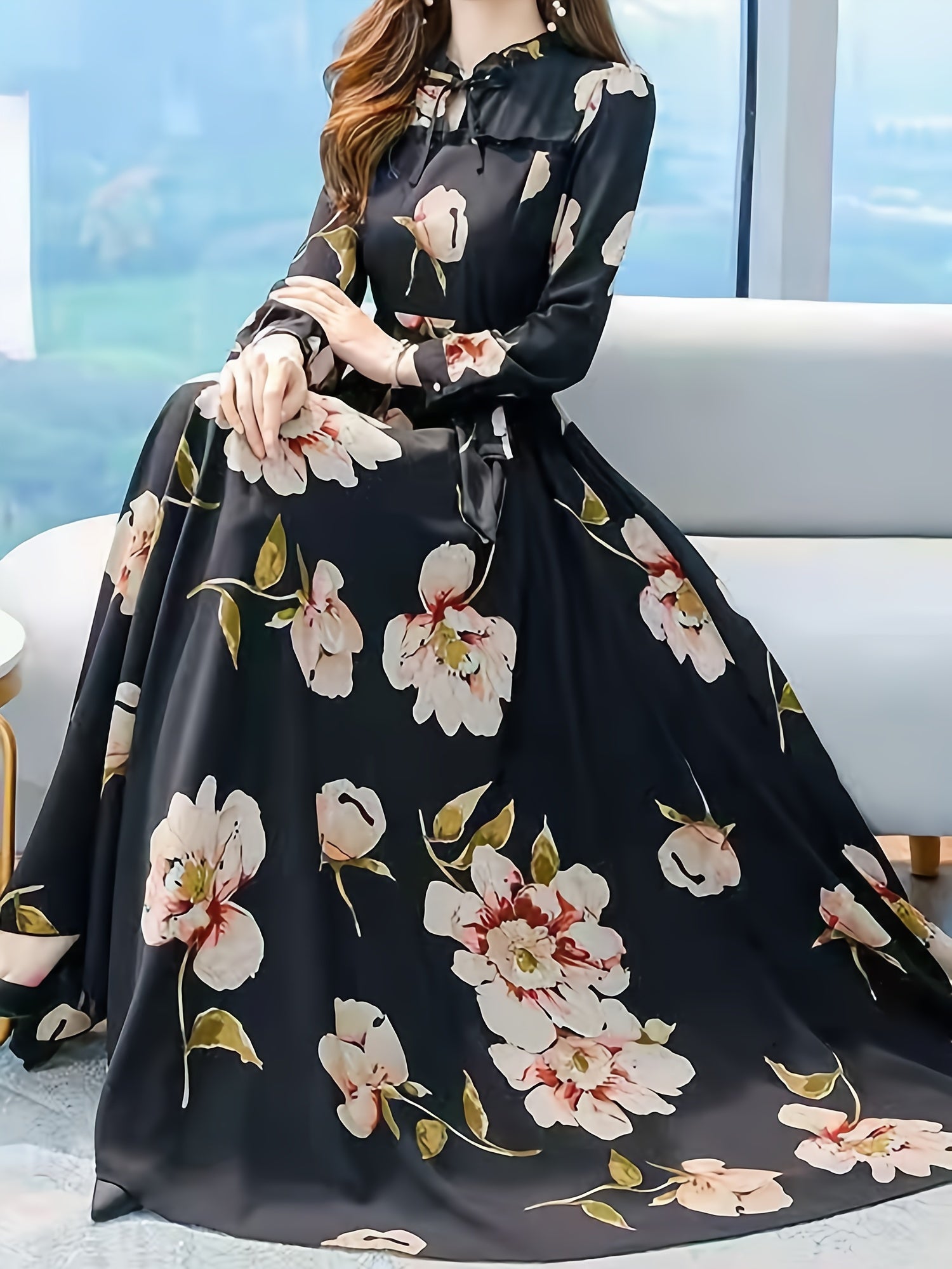 1pc Elegant Floral Print Long Sleeve V-Neck A-Line Dress for Women, Polyester Pendulum Style, Waist Design, Ruffle Trim, Perfect for Spring/Fall - Adult