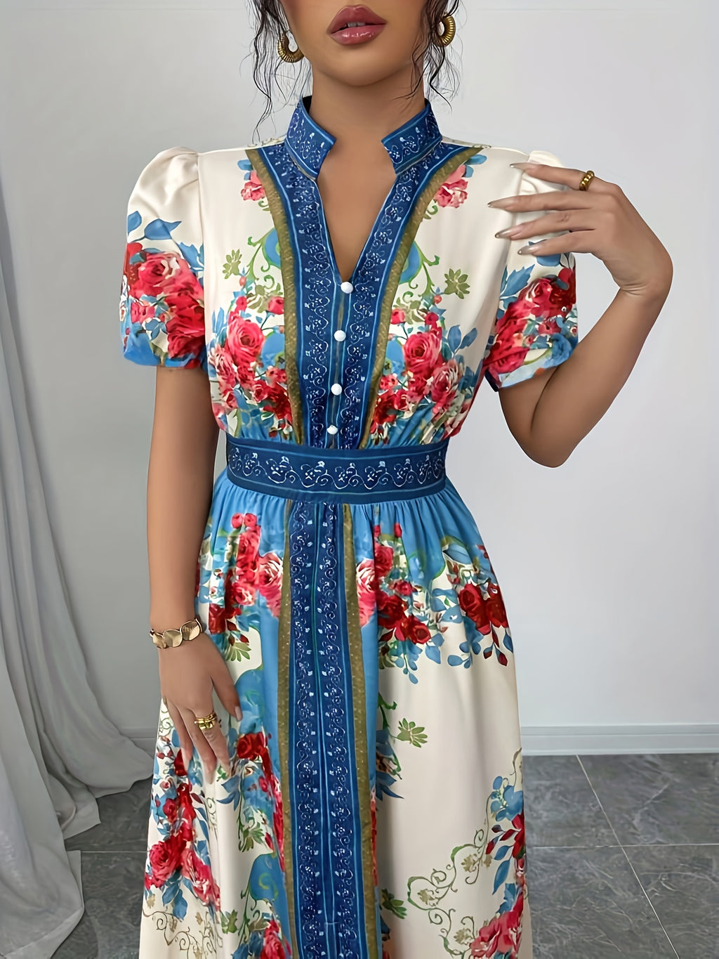 Women's Floral Print Elegant A-Line Dress with Stand-Up Collar & Puff Short Sleeves - Machine Washable Summer Long Dress with Side Slit, Regular Fit for Casual Formal Occasions, Cute Dresses