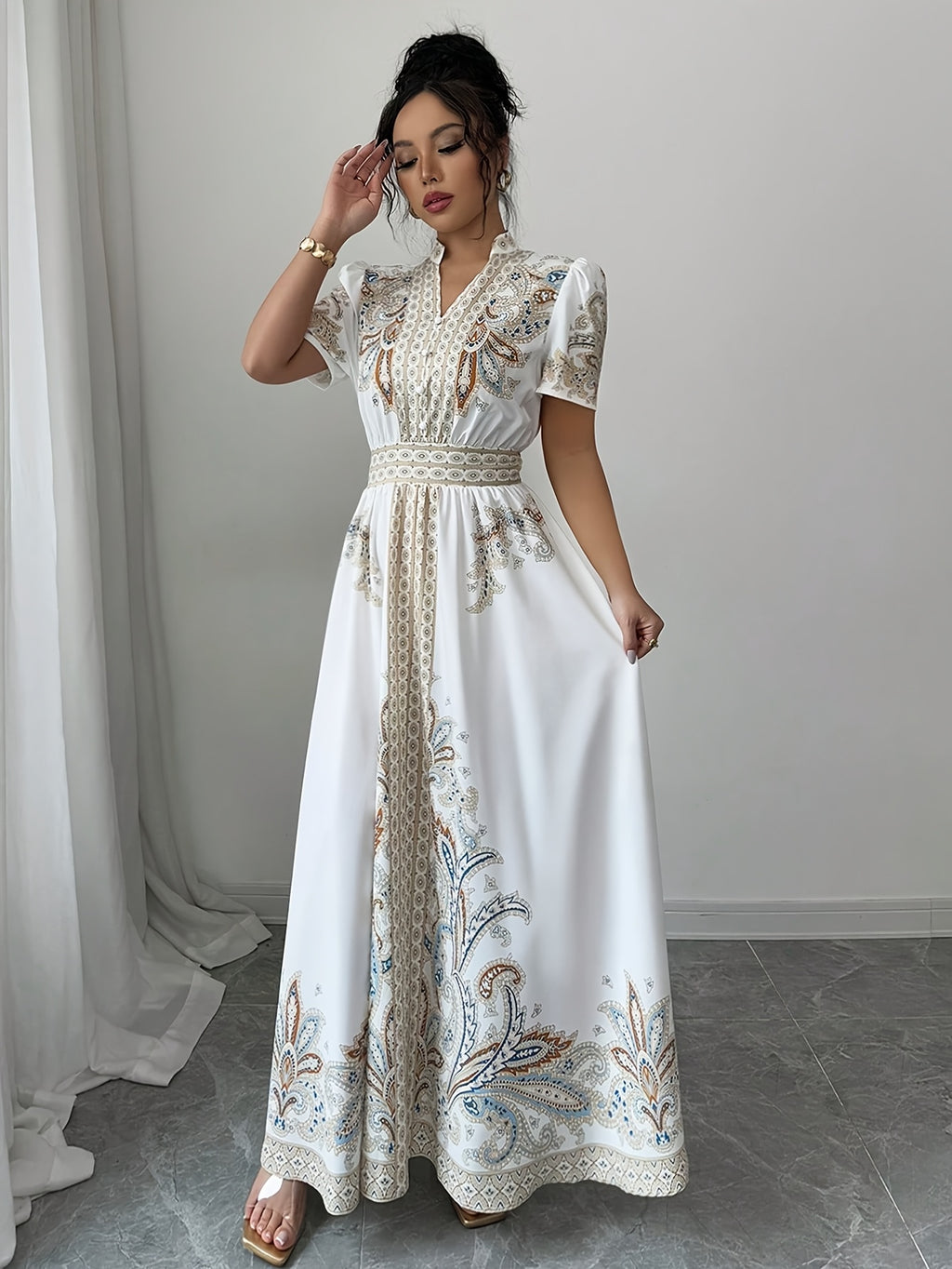 Bohemian Style Floral Print Waist-Cinched Short Bubble Sleeve Dress