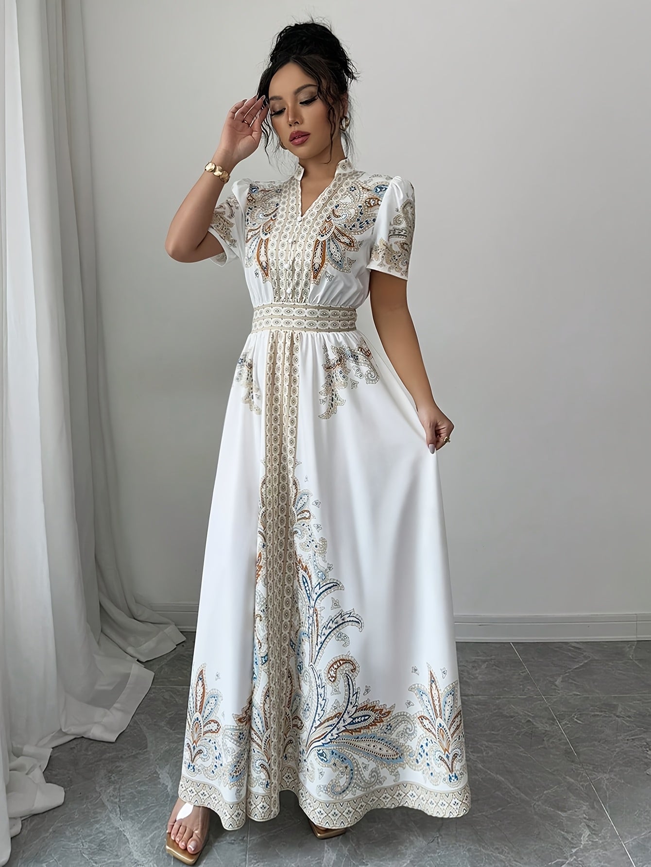 Bohemian Style Floral Print Waist-Cinched Short Bubble Sleeve Dress