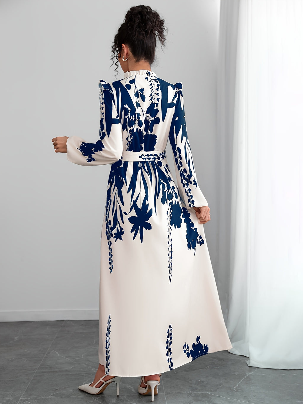 1pc Elegant Floral Print Long Sleeve A-Line Dress for Women with Lace-Up Detail, Stand Collar, Woven Polyester - Versatile for Spring/Summer/Fall