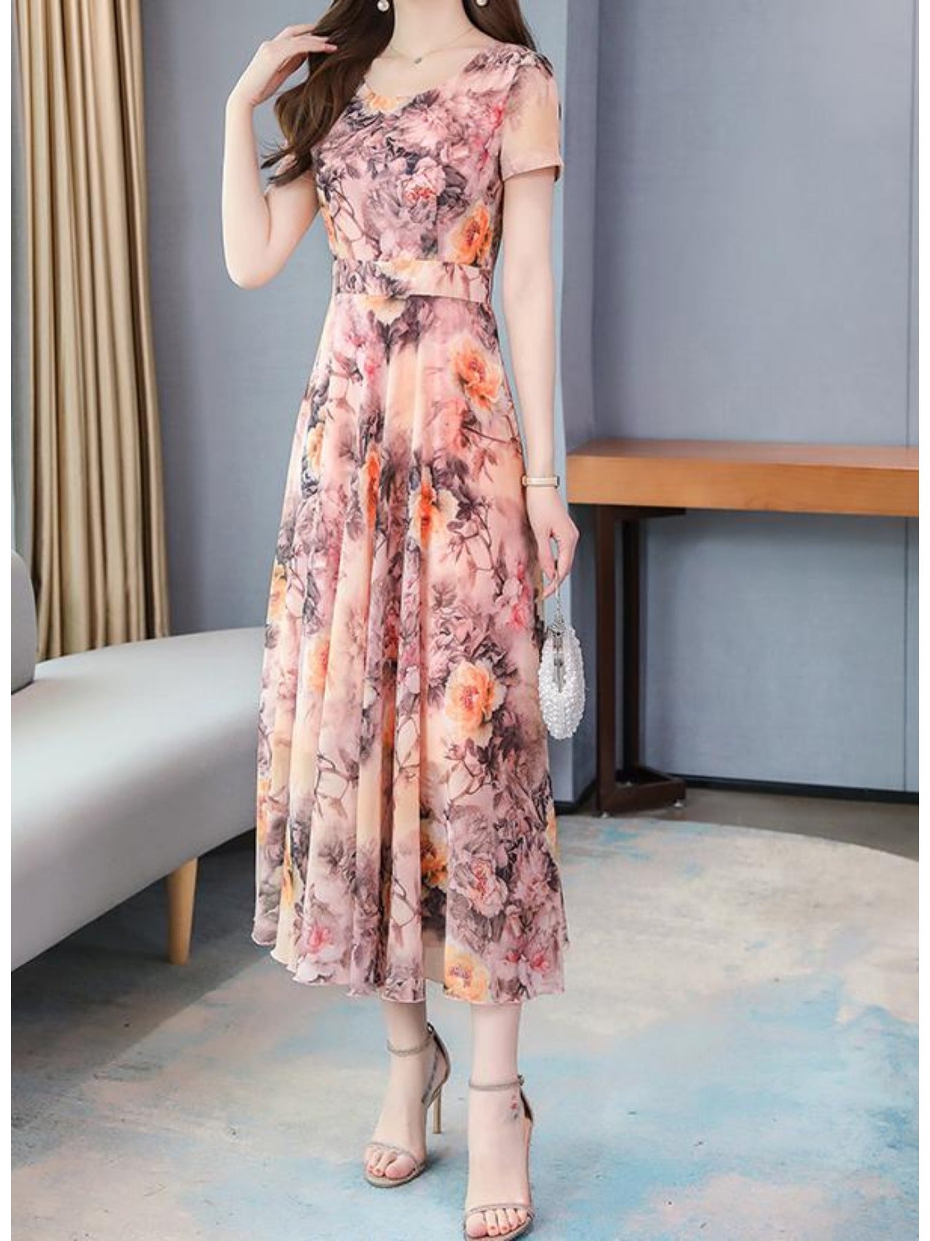Elegant Floral Print Midi Dress for Women - Ice Silky Fabric, Short Sleeve, Crew Neck, Bohemian Summer Dress with Flowy Skirt, Pink and White Floral Design, Perfect for Vacation or Casual Outings, Floral Dress