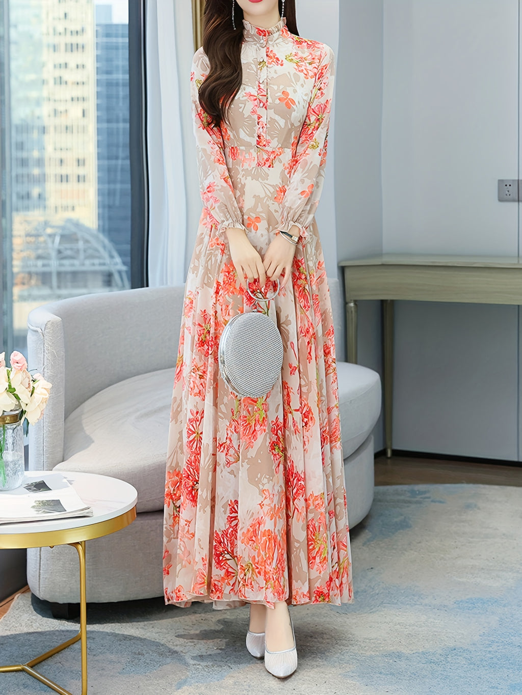 Women's Elegant Floral Print Mock Neck Dress - Long Sleeve A-Line Button Front with Pockets, Vibrant Orange/Red/White/Pink Floral on Beige, Spring & Fall Office & Casual Wear, Floral Print Dress, Fall Fashion Wear, Sophisticated Tailoring