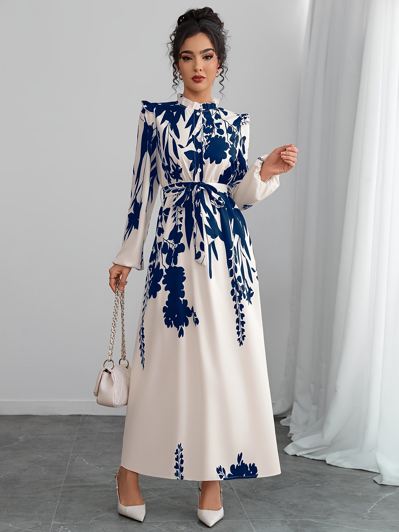 1pc Elegant Floral Print Long Sleeve A-Line Dress for Women with Lace-Up Detail, Stand Collar, Woven Polyester - Versatile for Spring/Summer/Fall