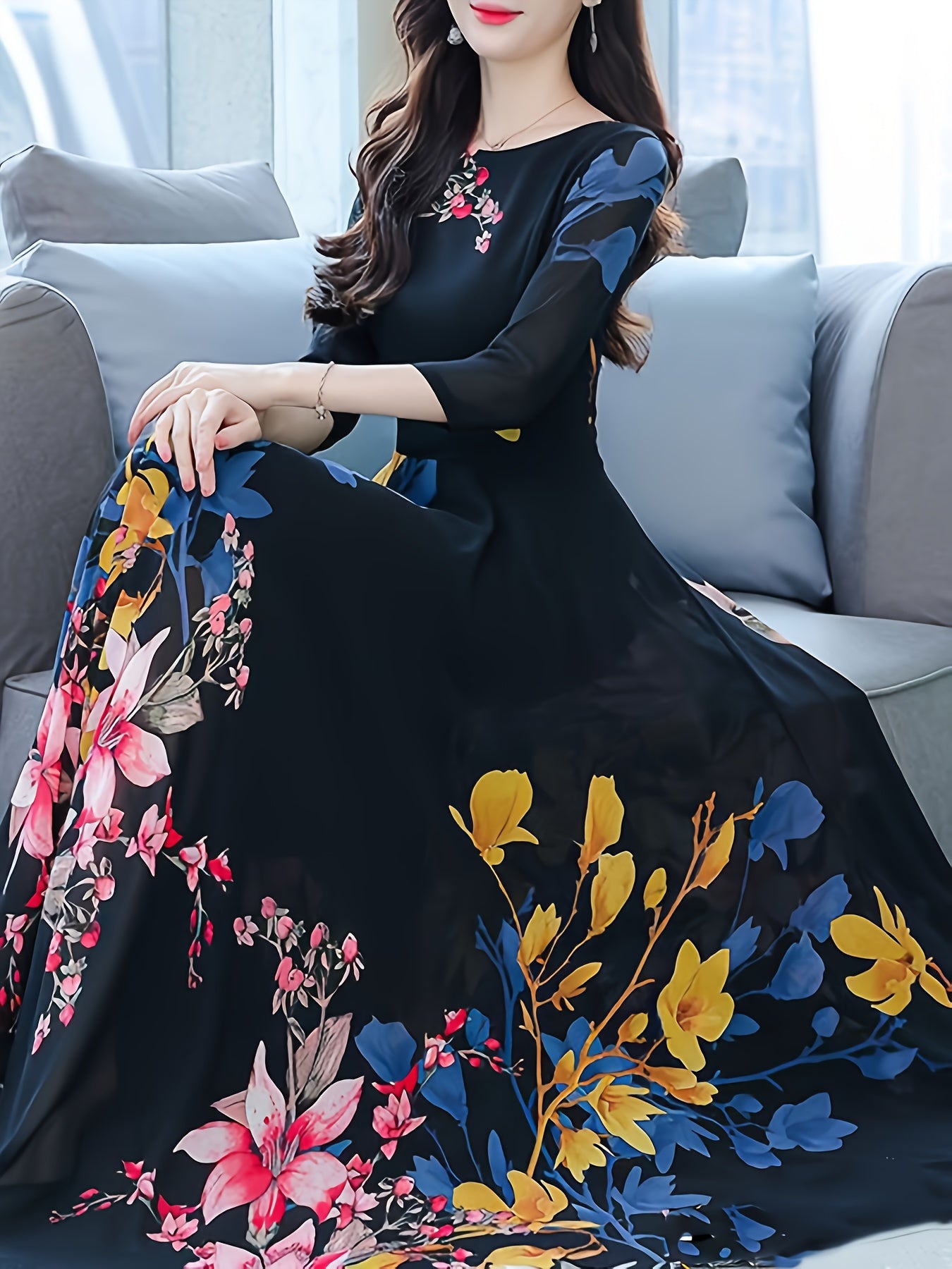 Women'S Elegant Black Floral Print Round Neck A-Line Dress - Lightweight Polyester, Spring/Fall Casual to Semi-Formal Wear, Hand Wash Only