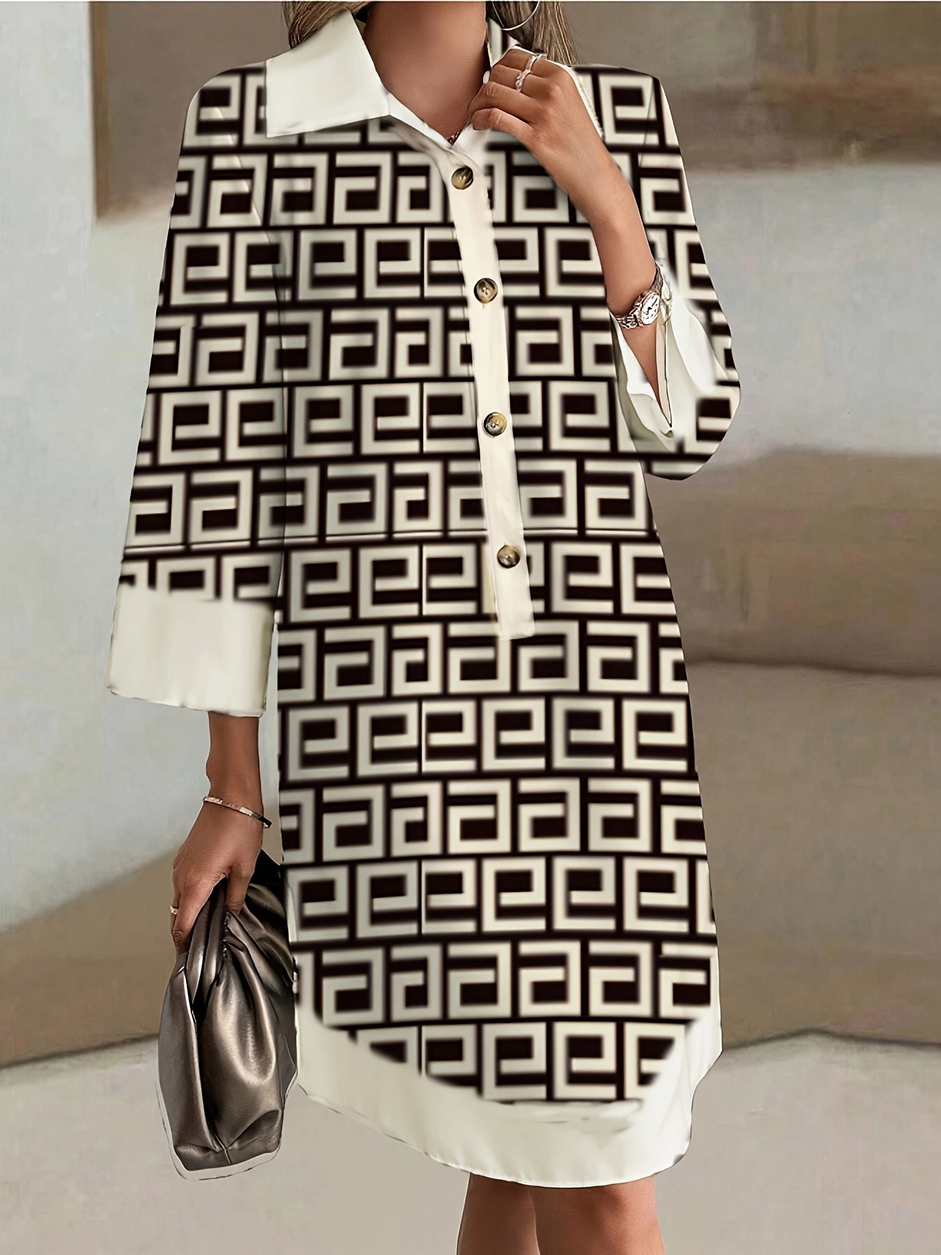 Women'S Loose Fit Floral Print Shirt Dress with Button Front, Long Sleeves, and Pockets - Casual Mid-Length A-Line Dress for All Seasons, Casual Attire | Floral Print Dress | Polyester Fabric